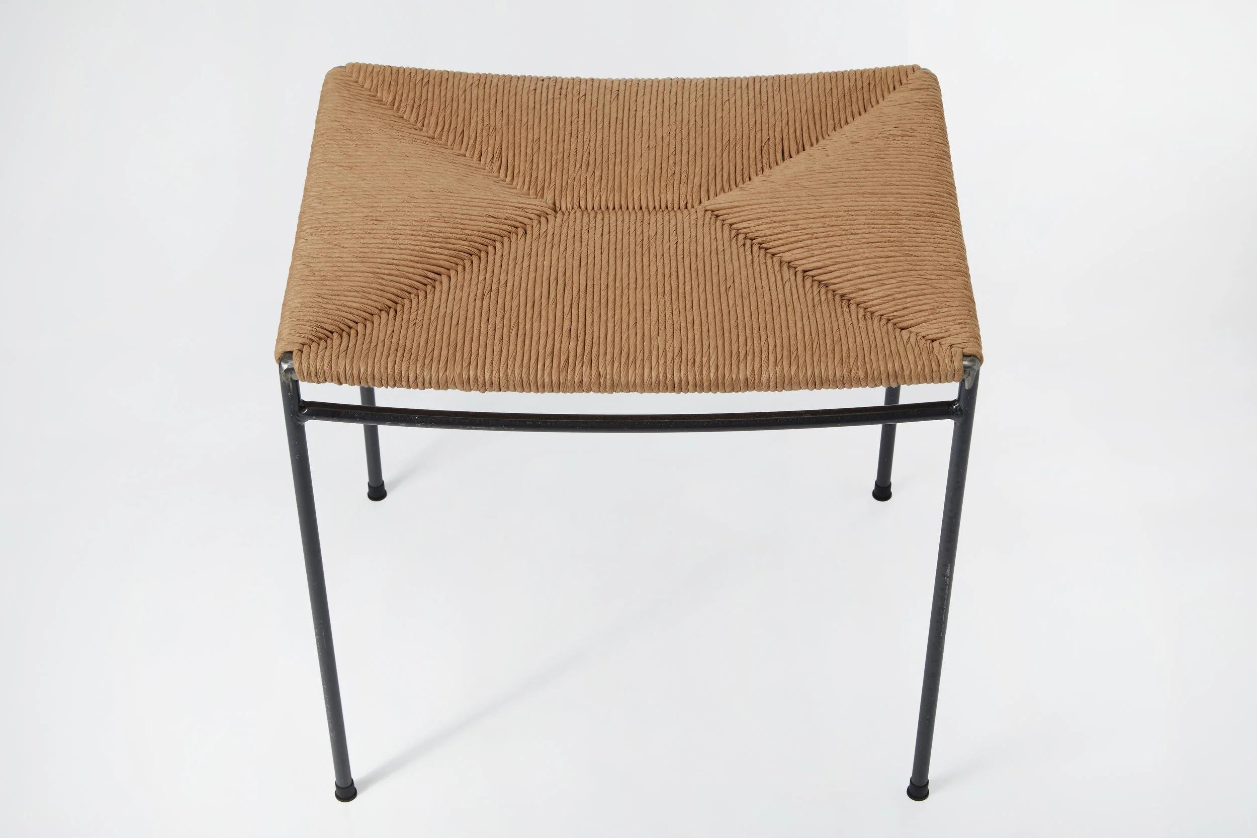Plated Single-Rail Handwoven Rush Stool For Sale