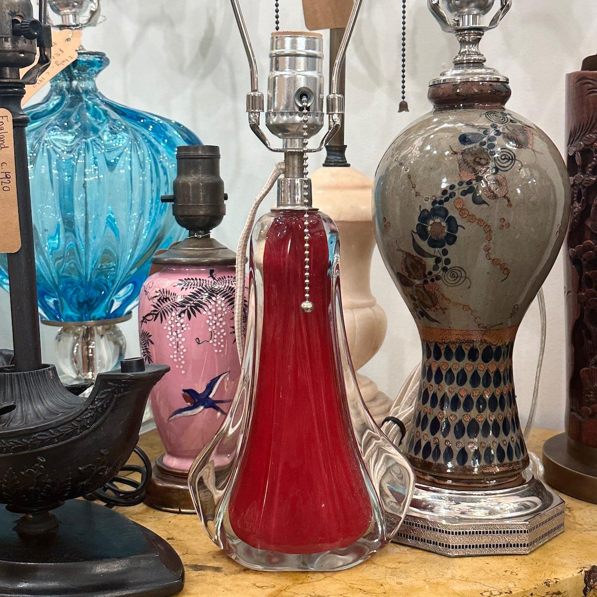 A single circa 1950's blown red Murano glass lamp.

Measurements:
Height of body: 9