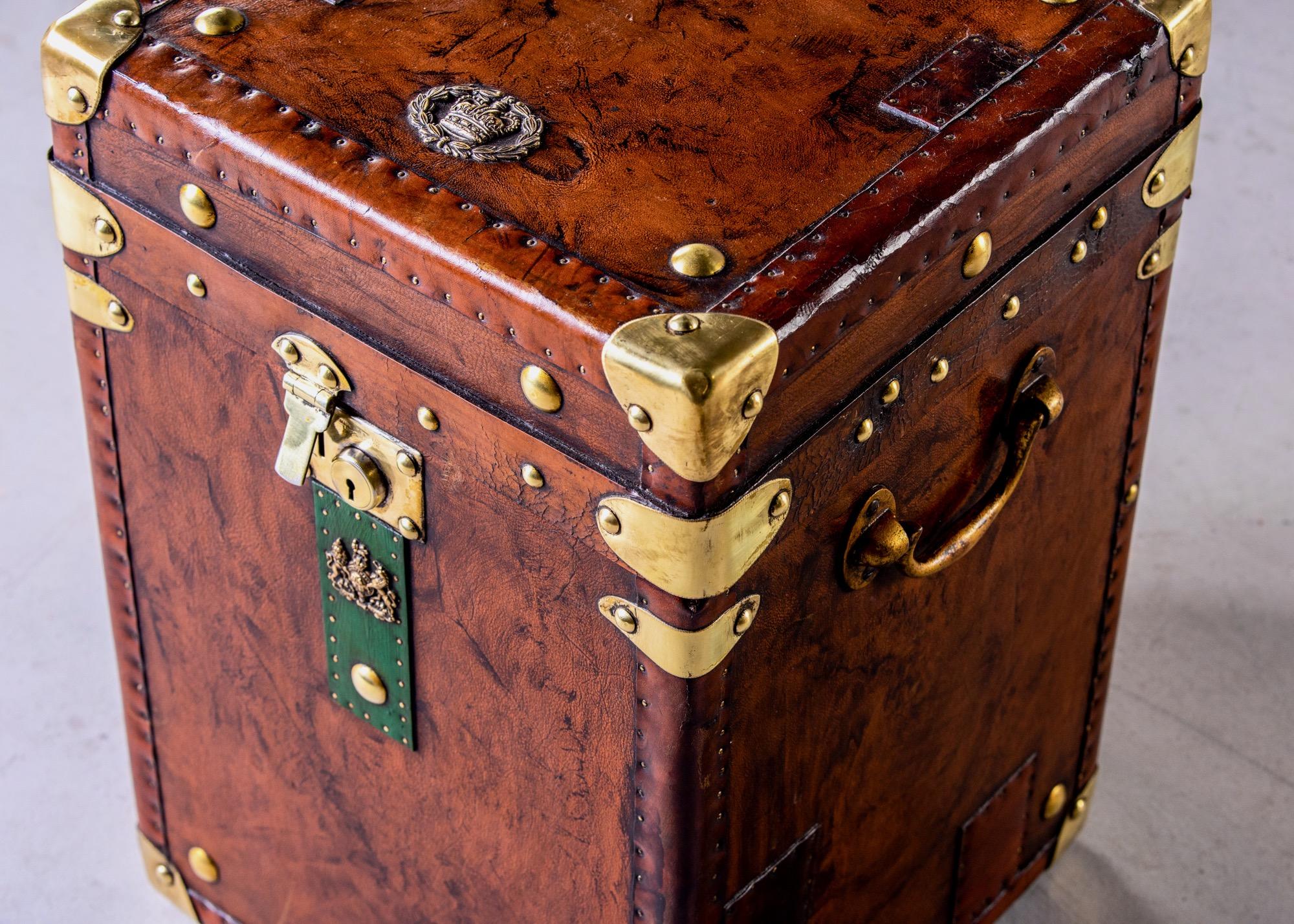 Single Restored English Leather Trunk with Green Strap 1