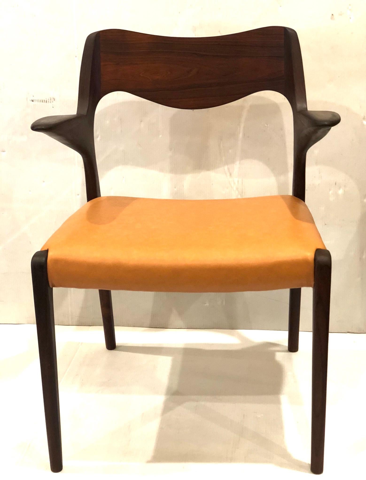 Scandinavian Modern Single Rosewood Arm Side Chair Designed by Niels Moller, Model #55