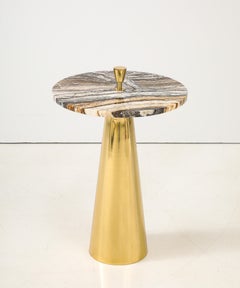 Single Round Brown Hue Onyx Marble and Brass Side Martini Table, Italy, 25" H