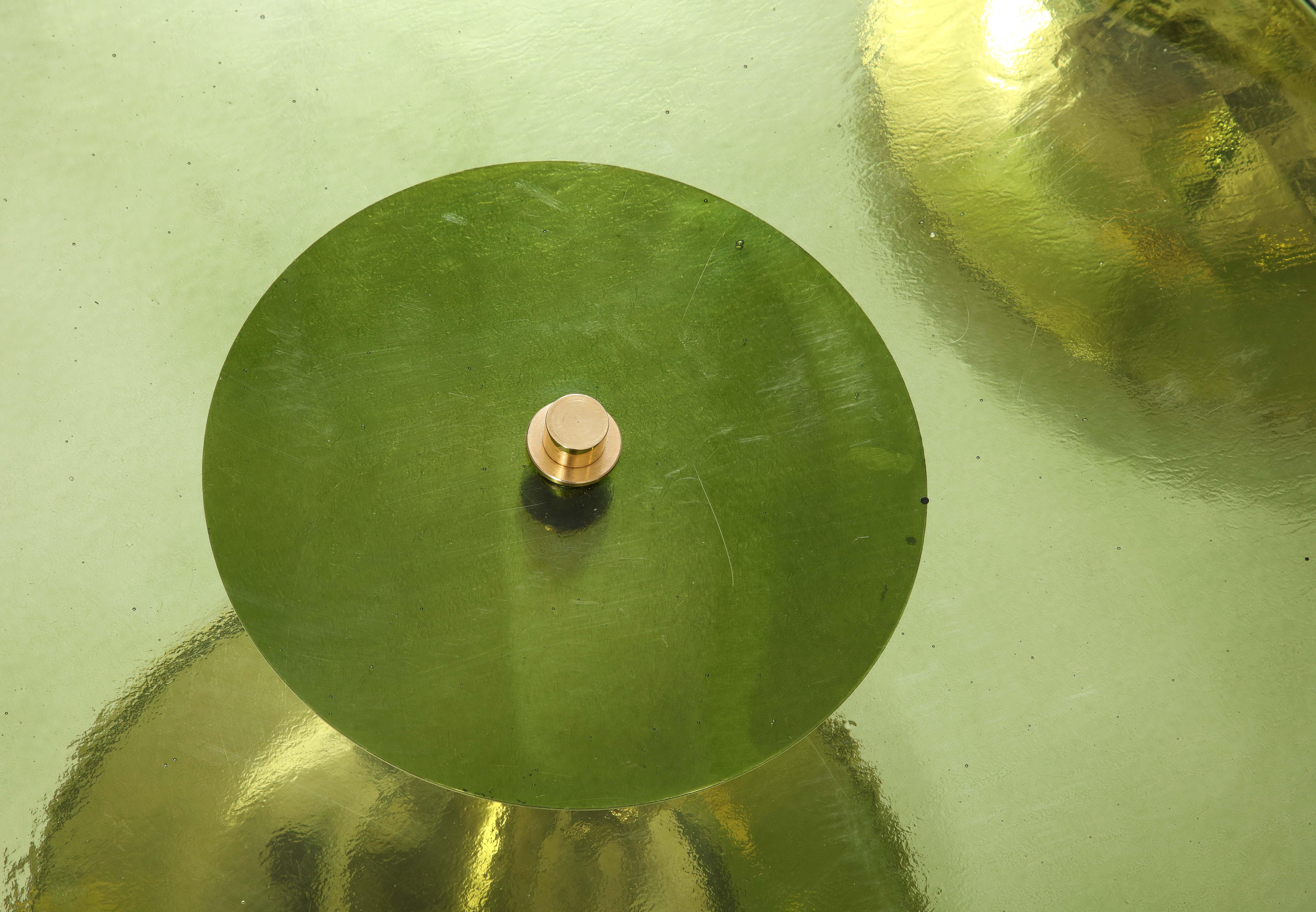 Contemporary Single Round Green Murano Glass and Brass Martini or Side Table, Italy