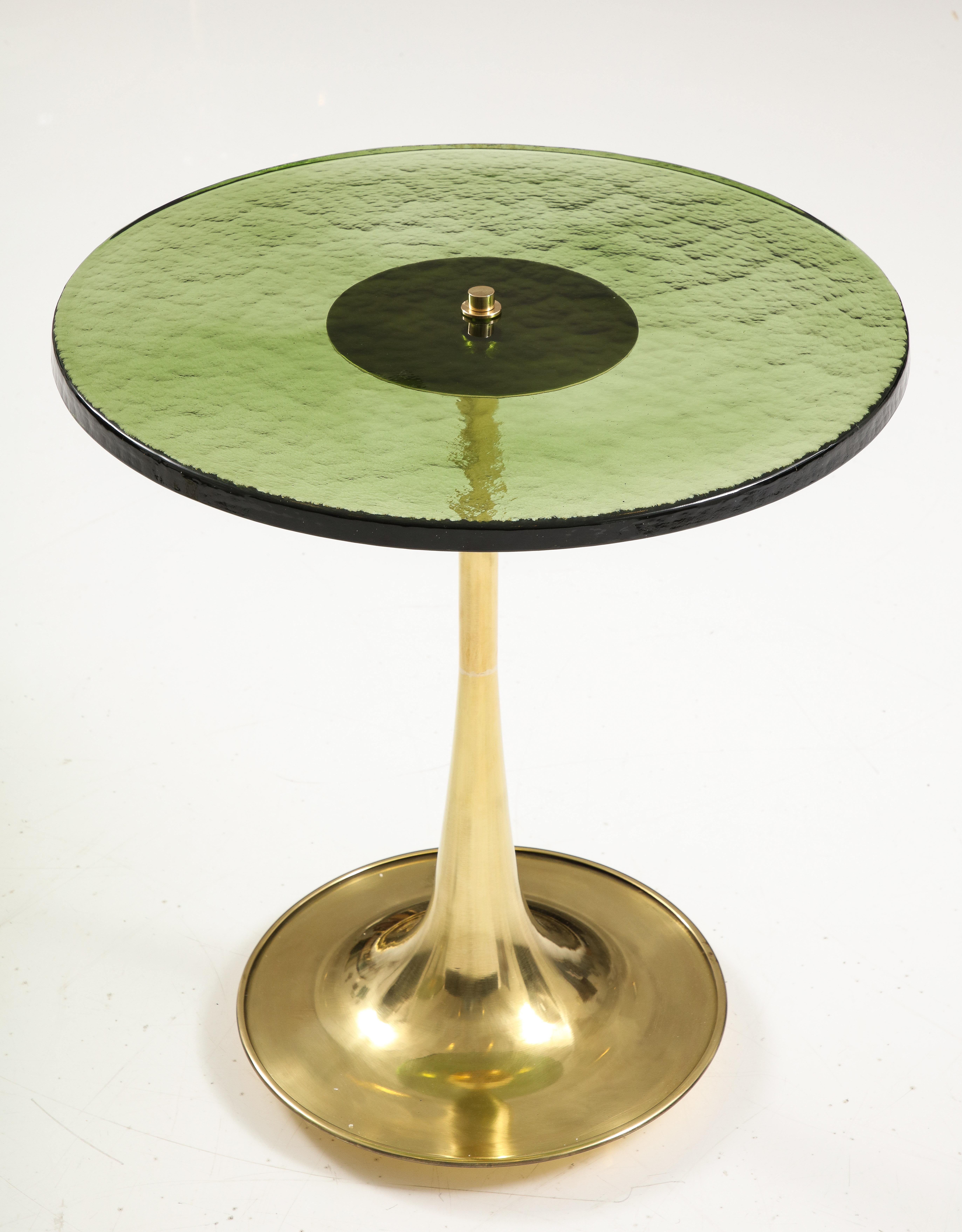 Single Round Green Murano Glass and Brass Martini or Side Table, Italy 1