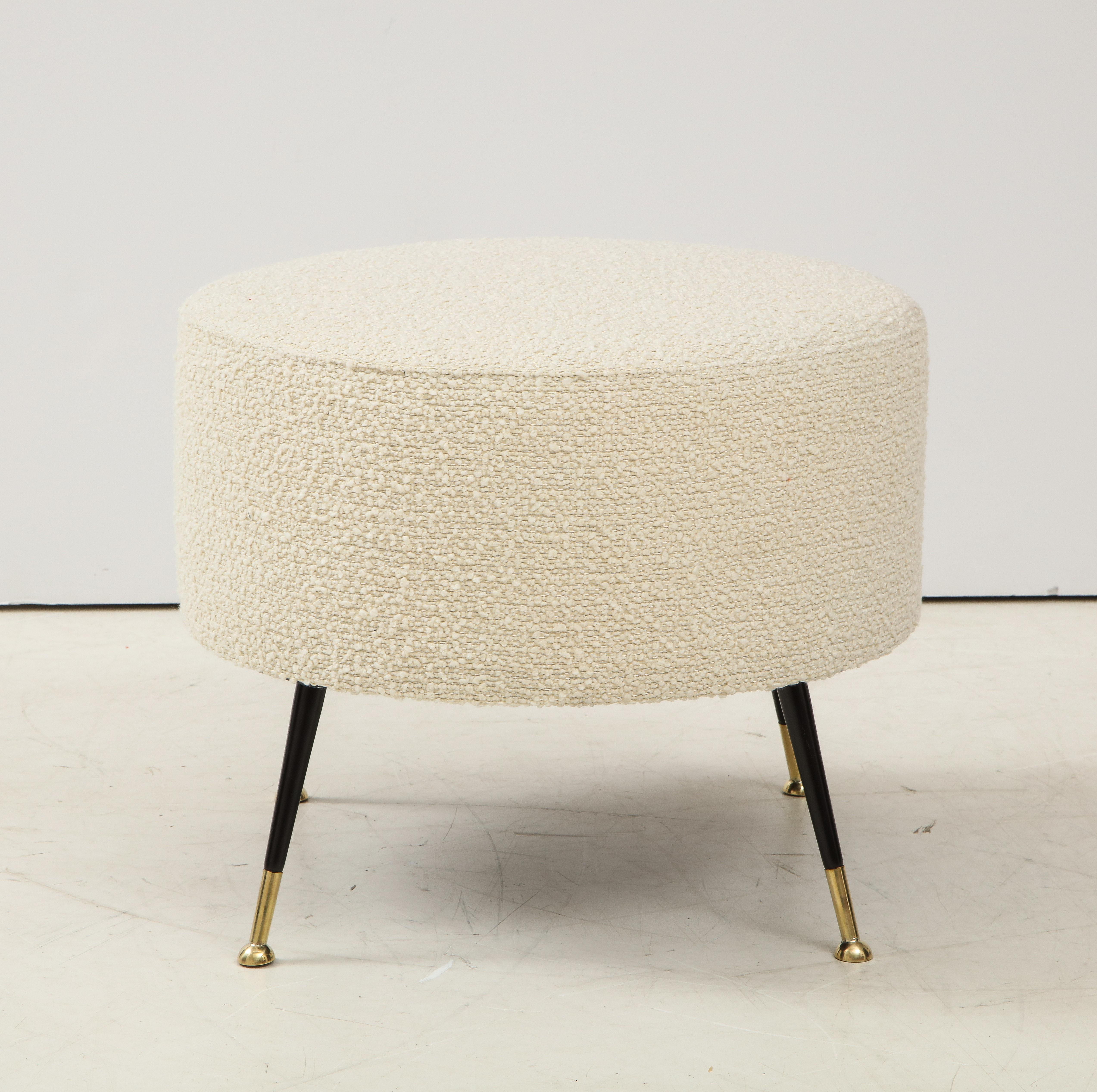 Steel Single Round Stool or Pouf in Ivory Boucle Brass Legs, Italy, 2021