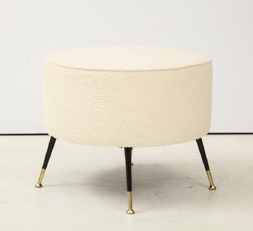 Bouclé Single Round Stool or Pouf in Ivory Boucle Brass Legs, Italy, 2021