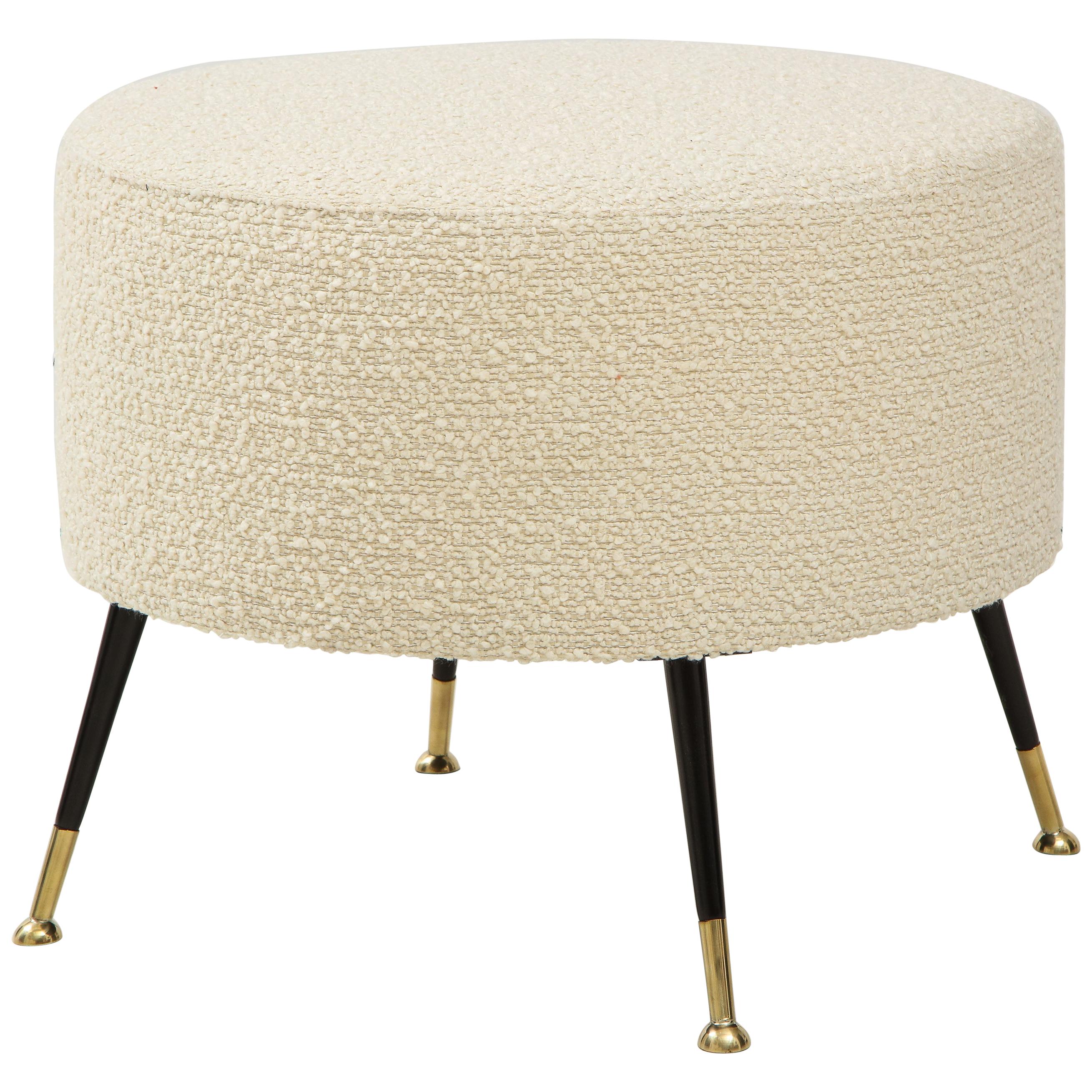 Single Round Stool or Pouf in Ivory Boucle Brass Legs, Italy, 2021