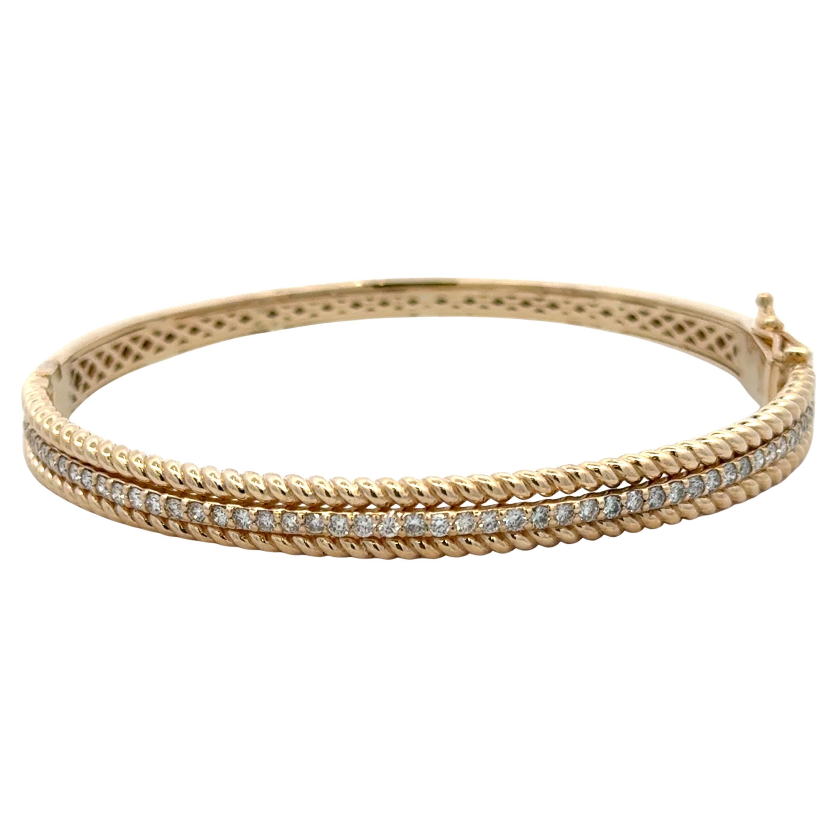 Single Row Diamond Twist Bangle Bracelet 0.98 Carats 14KT Yellow Gold 18.5 Grams