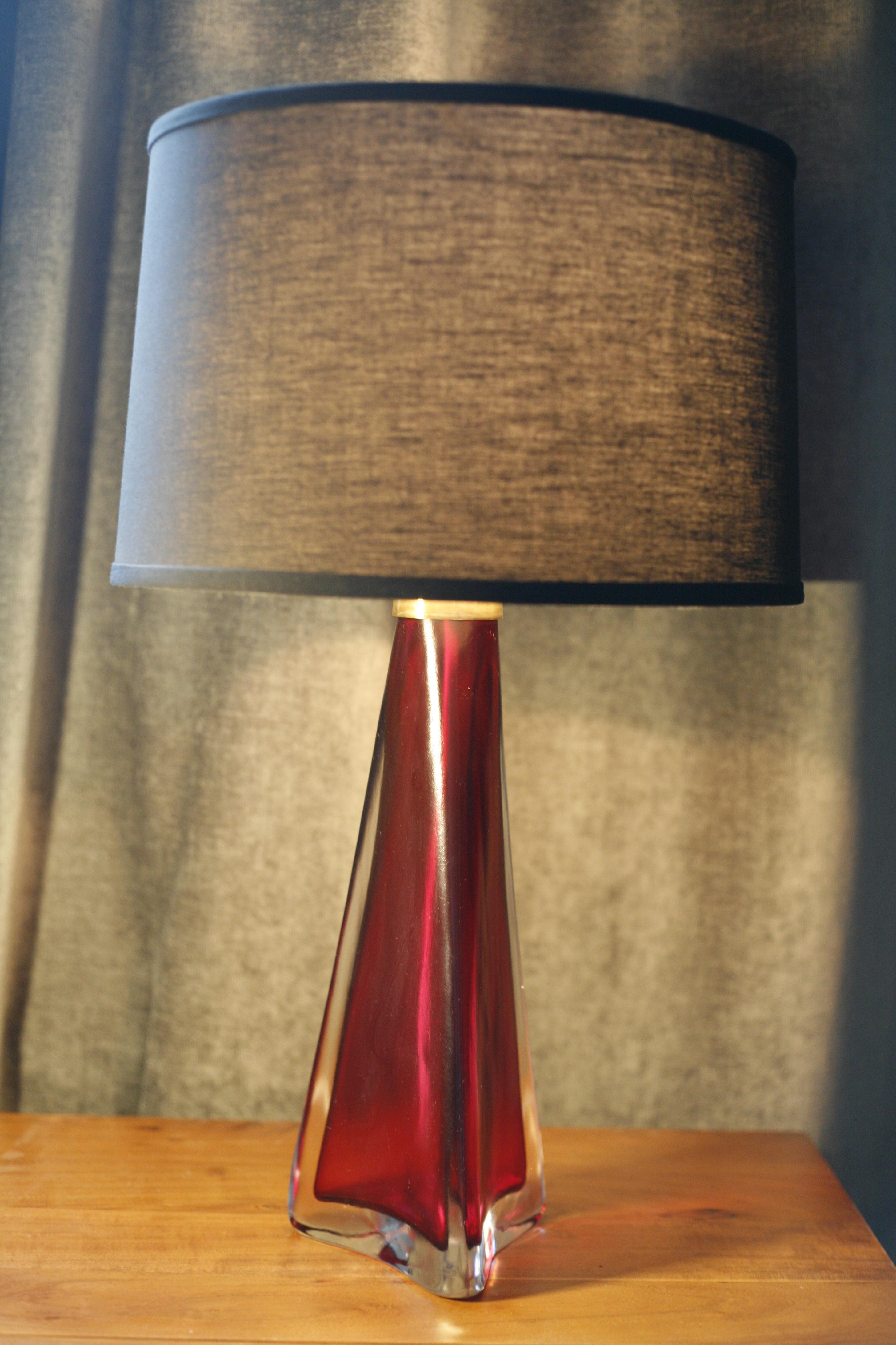 Pink encased in a layer of thick frosted clear glass with brass fitting by Carl Fagerlund for Orrefors Sweden, 1960.
Rarely seen color in Excellent signed condition.

Comes rewired for the US.