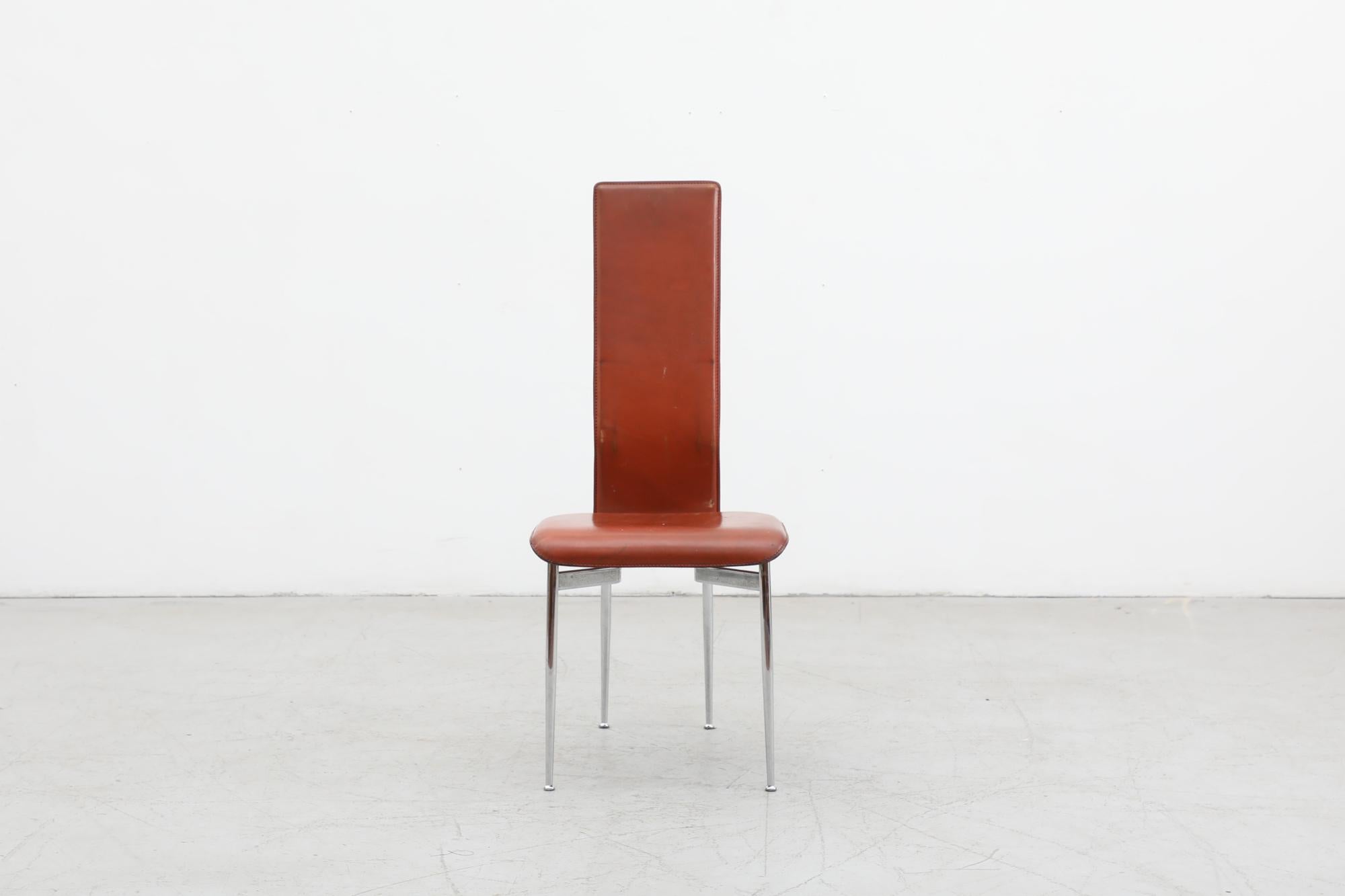 Single 'S44' Chair by Giancarlo Vegni & Gianfranco Gualtierotti for Fasem, 1980's. This chair has a cognac leather seat with chrome frame. In original condition with visible wear, including pitting and discoloration to the chrome and patina on