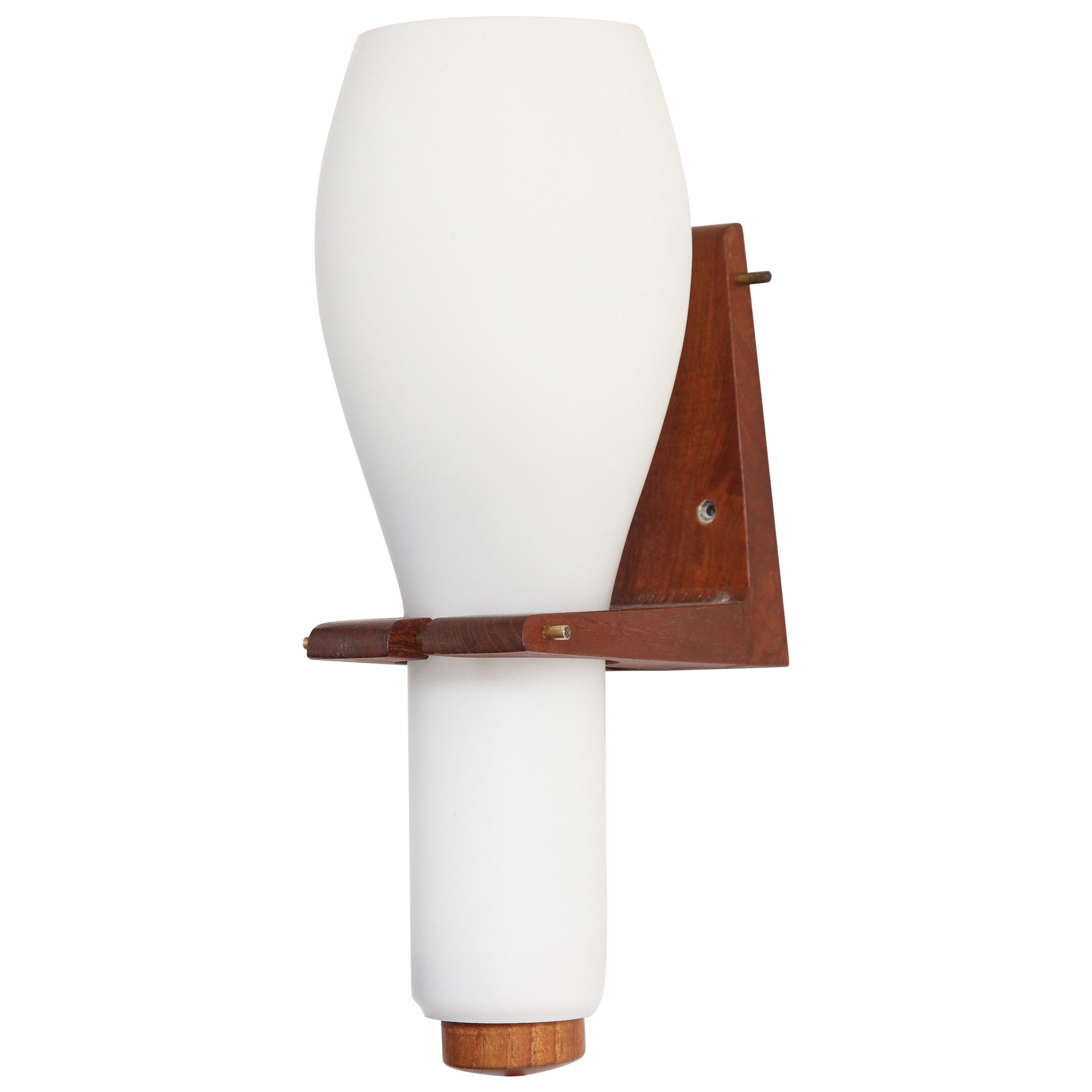 Single Scandinavian Teak and White Opaline Sconce, 1960s