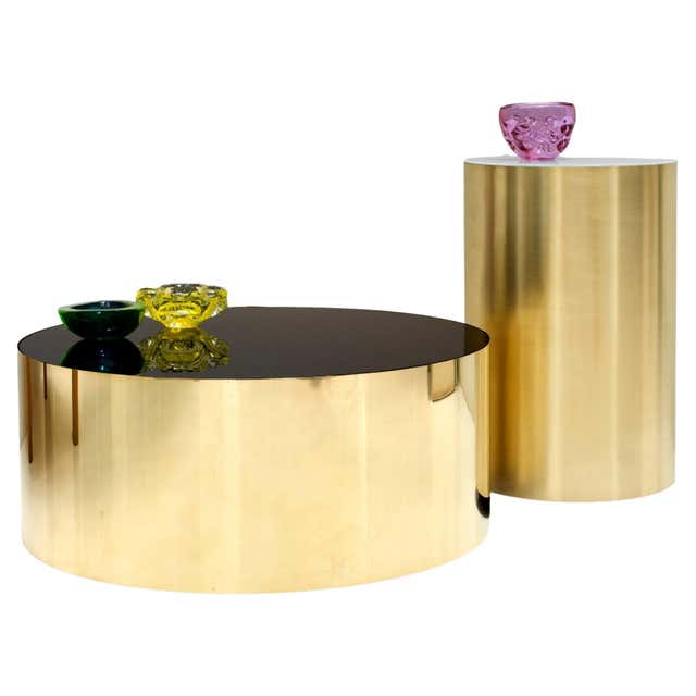 Set of Two Side Tables, Moon Shapes, Brass and HighGloss Laminate ...