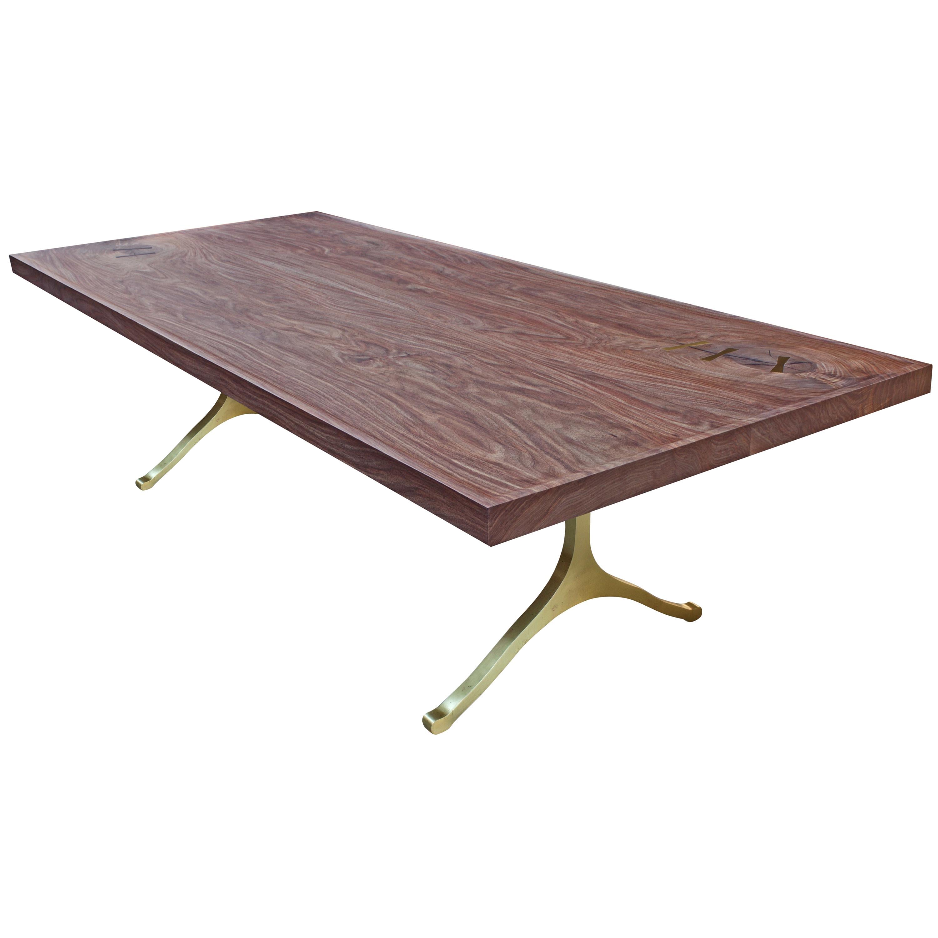 Single Slab Claro Walnut with Boat Edge and Brushed Brass Wishbone Legs For Sale