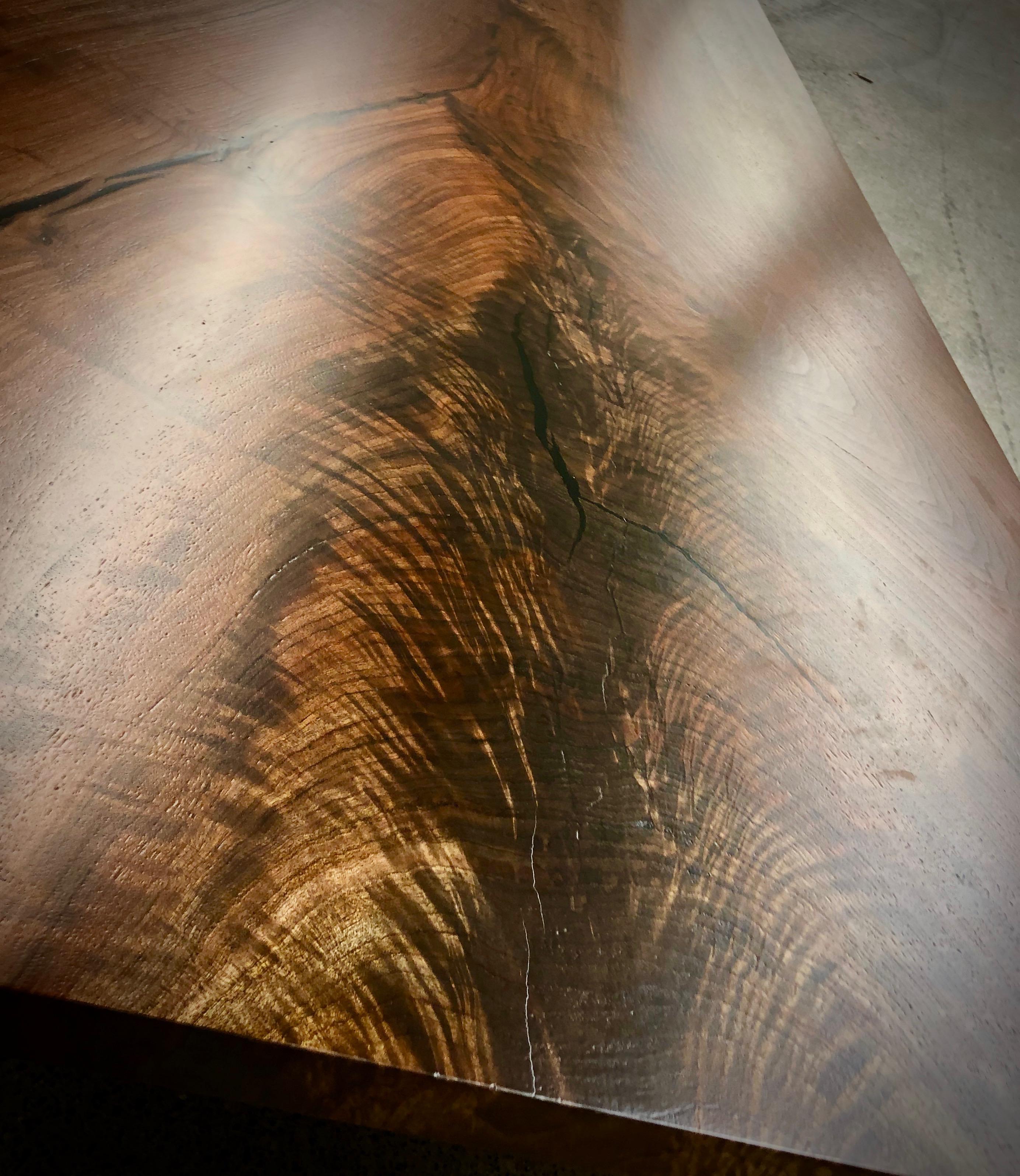 Modern Single slab walnut dining table with mirror polished aluminum 