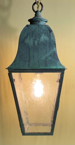 Single Small Vintage Solid Brass Hanging Lantern- 17”H x 7”.5 x 7”.5