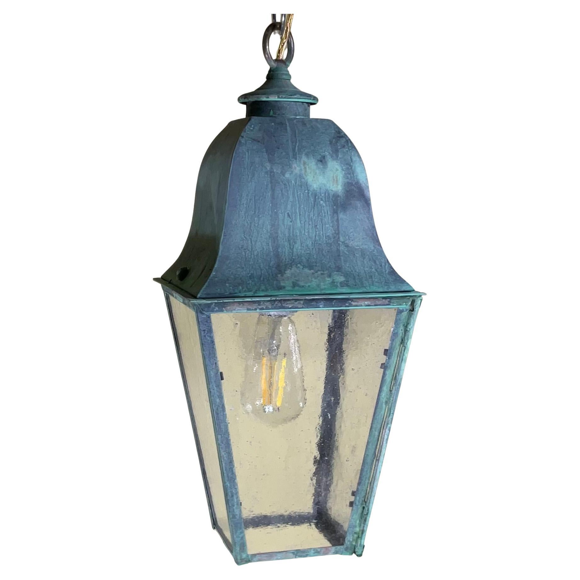 Single Small Vintage Solid Brass Hanging Lantern- 17”H x 7”.5 x 7”.5