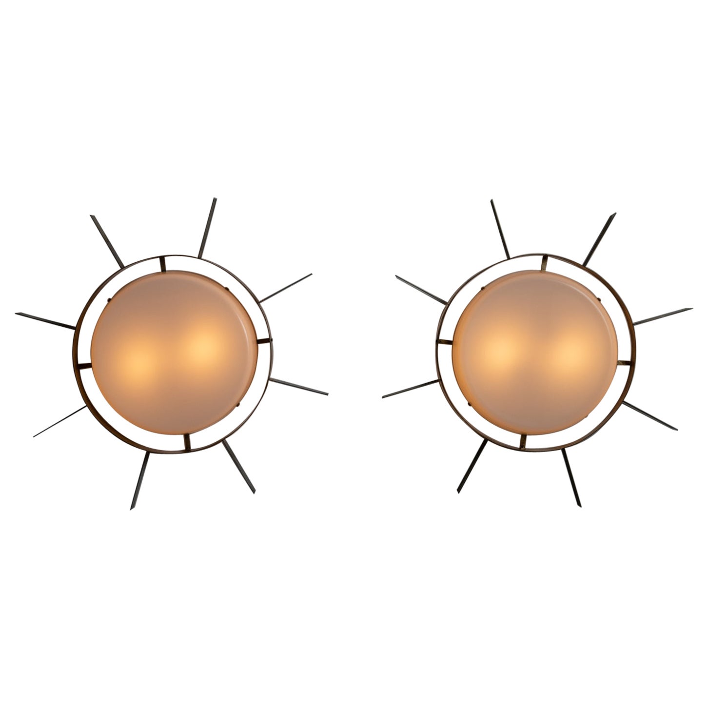 Mod. Sole Flush Mounts by Gio Ponti for Arredoluce. Designed and manufactured in Italy, in 1957. Minimal impressionistic sun flush mounts, composed of a brass frame and acrylic shade. A very rare and iconic piece of Gio Ponti. Each lamp holds two