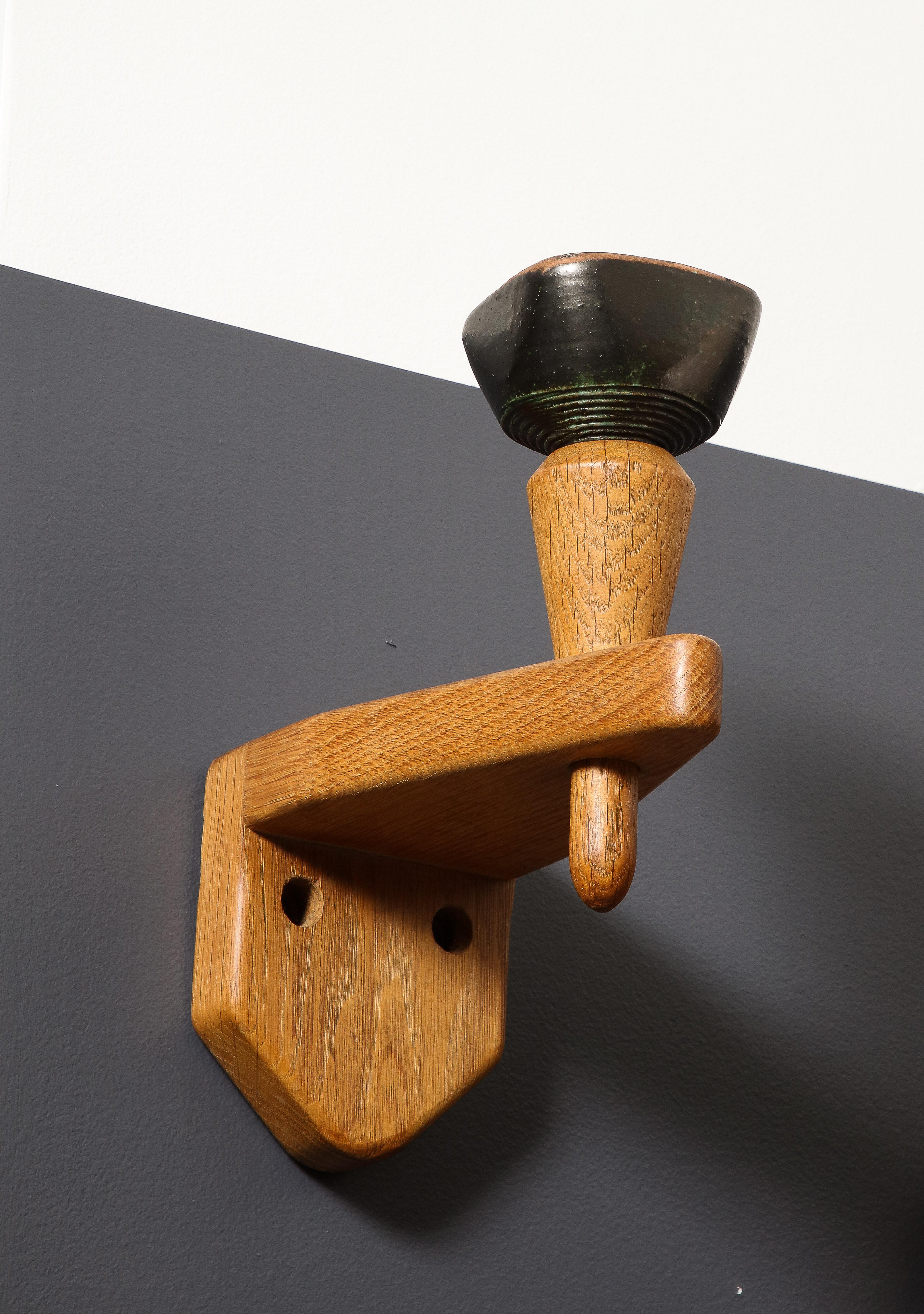 French Single Solid Oak & Ceramic Sconce by Guillerme and Chambron, France, 1960s For Sale