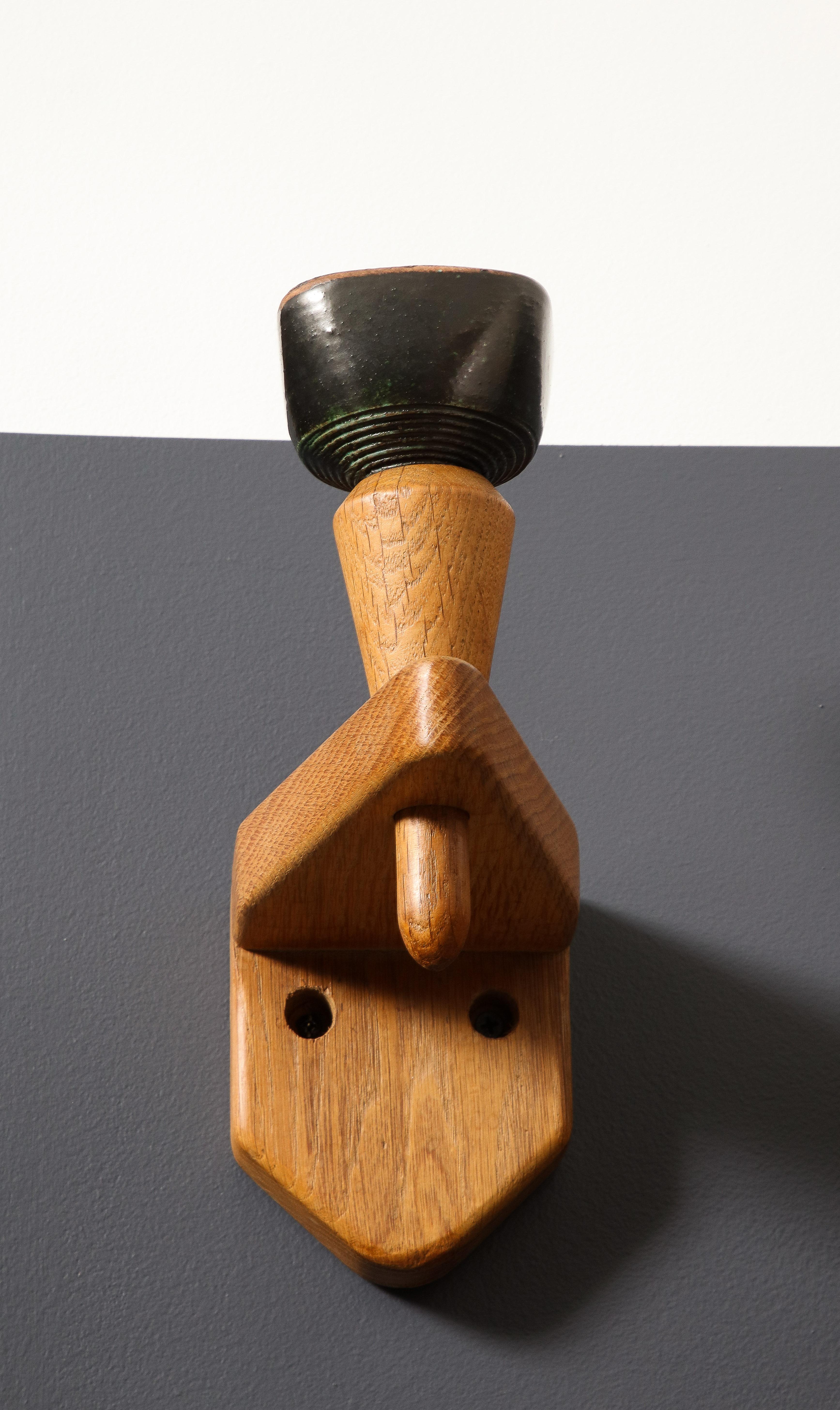 Single Solid Oak & Ceramic Sconce by Guillerme and Chambron, France, 1960s In Good Condition For Sale In New York, NY