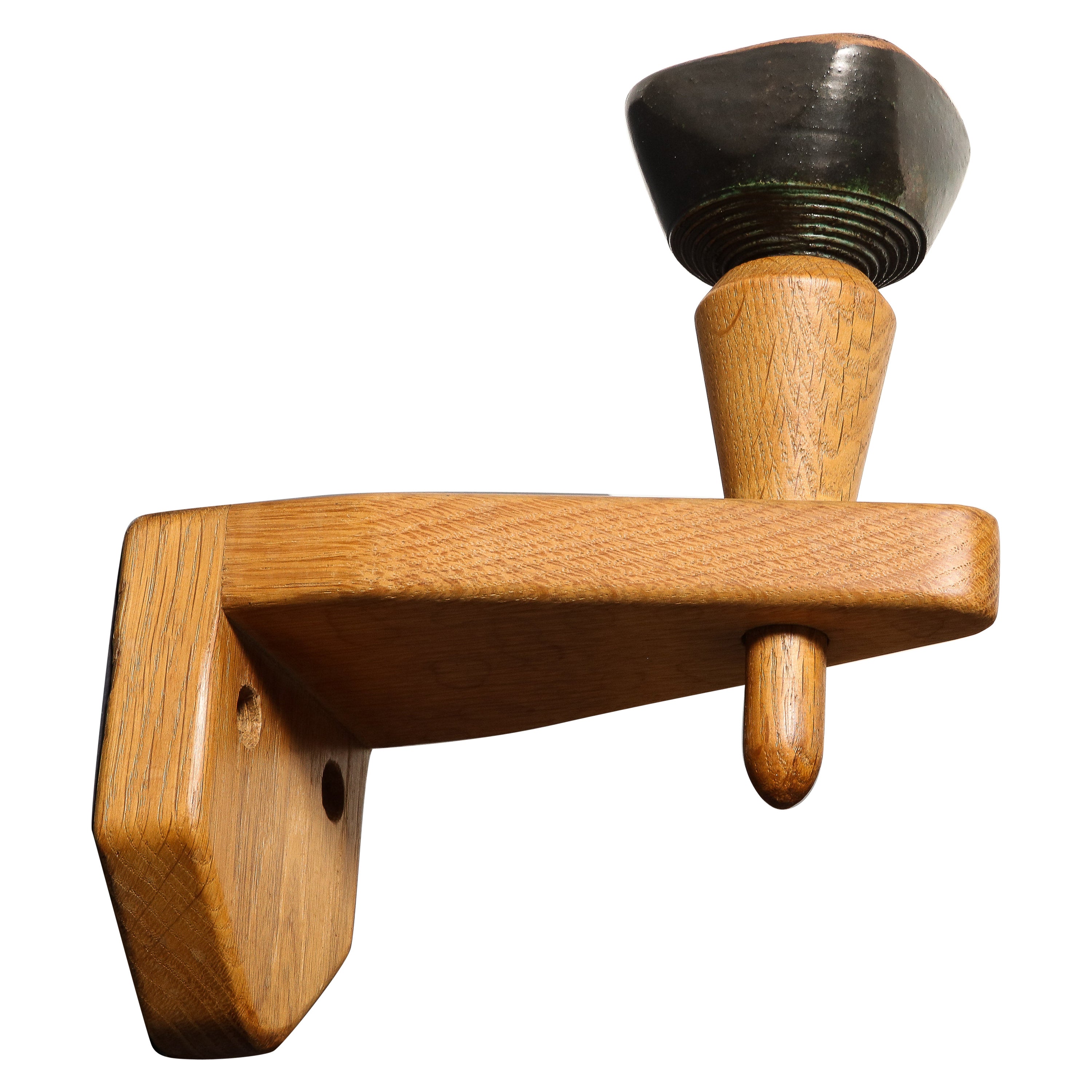 Applique singola in Oak e ceramica di Guillerme e Chambron, Francia, anni '60