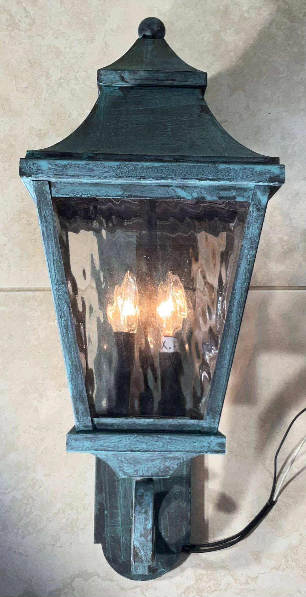 Single solid Quality Brass Wall  Hanging Lantern  25” high x 9”.5 w x 13” d In Good Condition For Sale In Delray Beach, FL