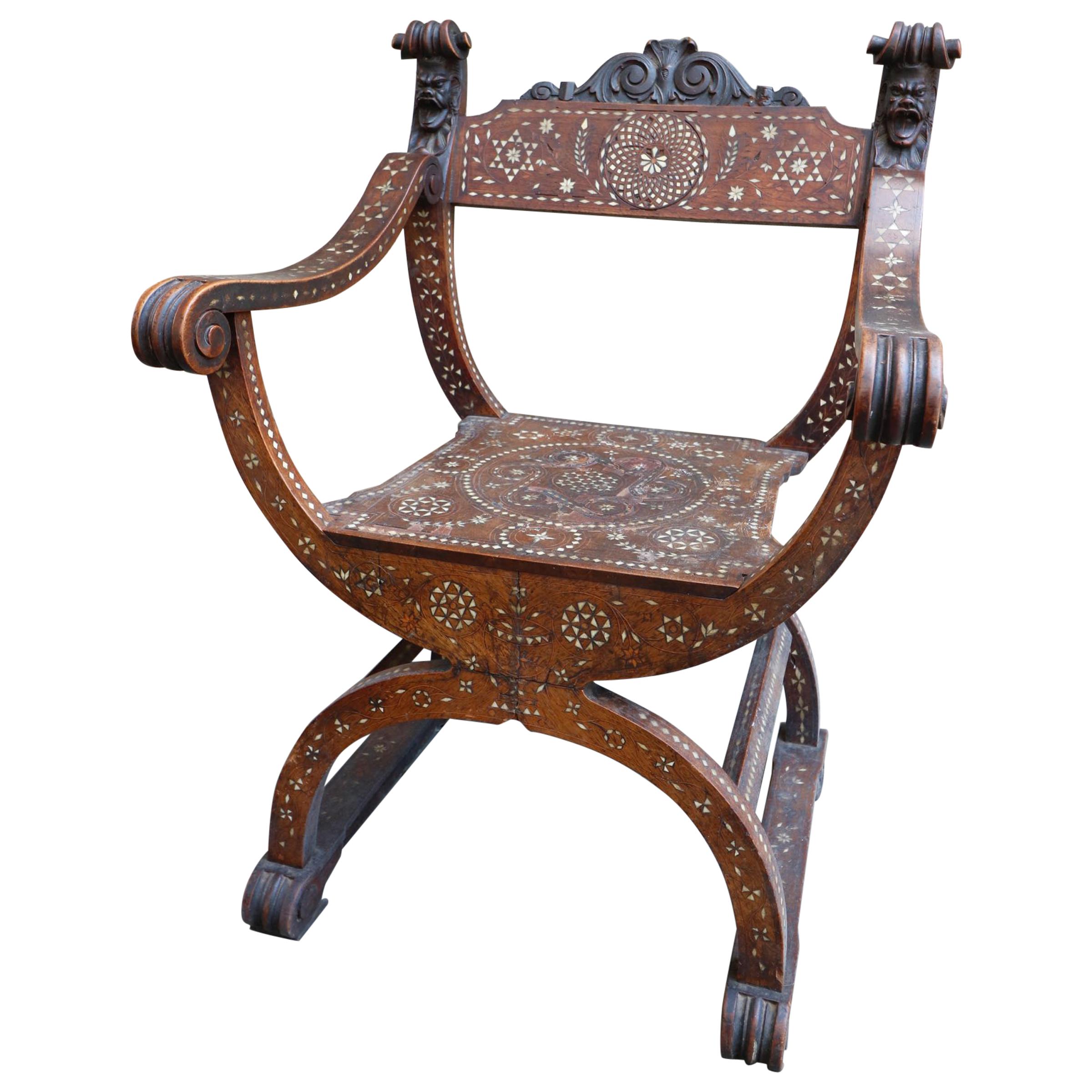 Single Solid Throne Style Mother of Pearl Moroccan Chair Walnut Wood For Sale