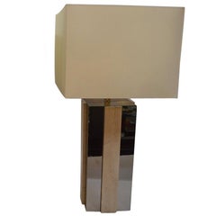 Vintage Single Square Copper Mirror and Travertine Lamp