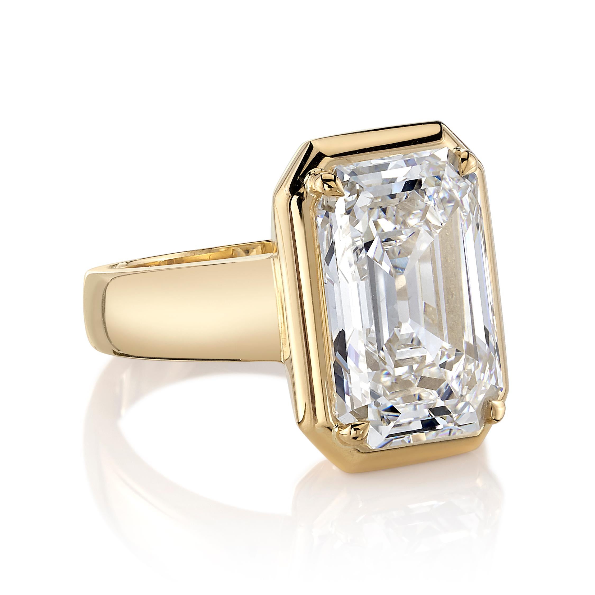 By Single Stone, the Cori ring features a GIA certified 6.02 carat emerald cut diamond with H coloring and VVS1 clarity. This vintage diamond is set in 18 karat yellow gold. The ring is a size 6.
