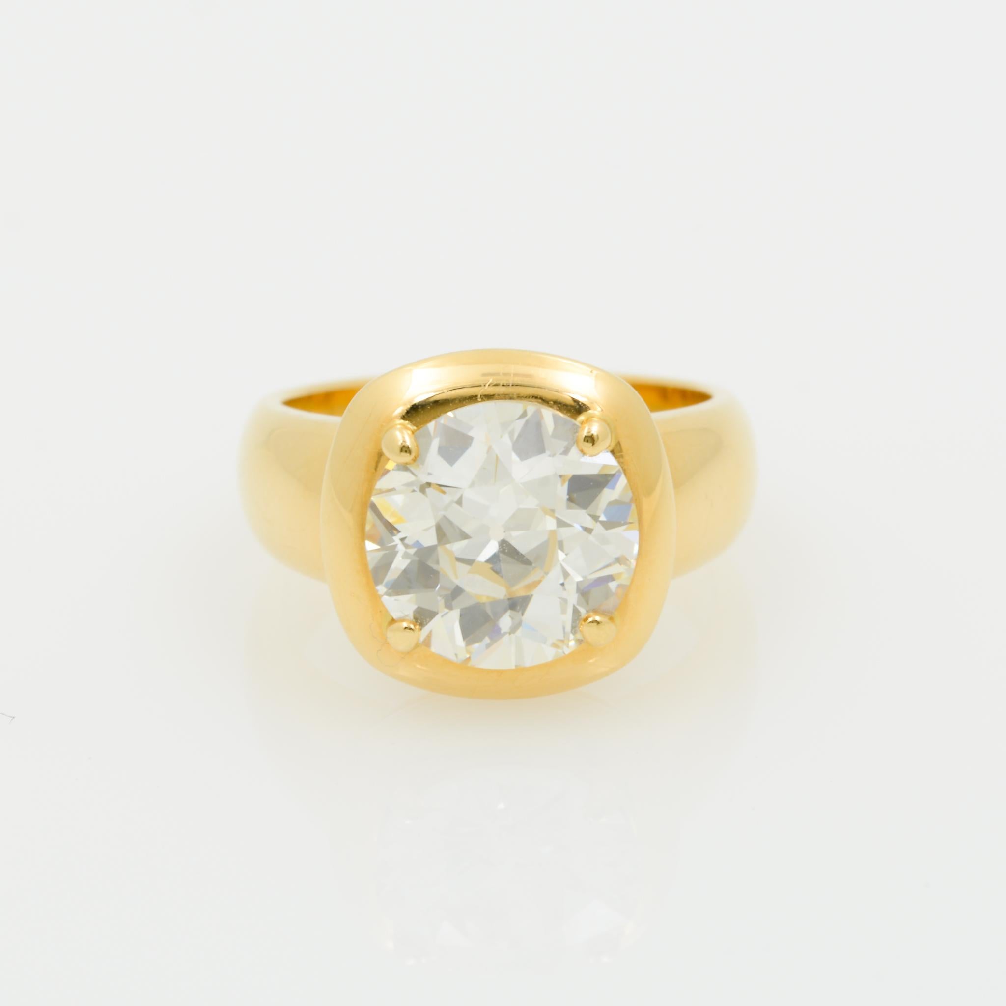 By Single Stone, the Cori ring features a GIA certified 3.85 carat old European cut diamond with N coloring and VS1 clarity. This vintage diamond is set in 18 karat yellow gold with a tapered shank. The ring is a size 6.
