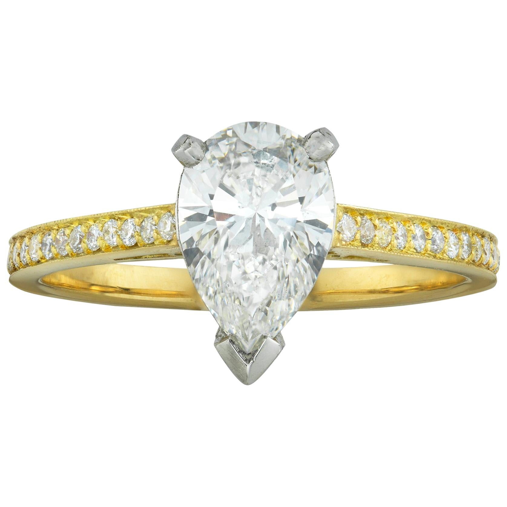 GCS Certified 1.13 Carat Pear-Shaped Solitaire Diamond Ring For Sale