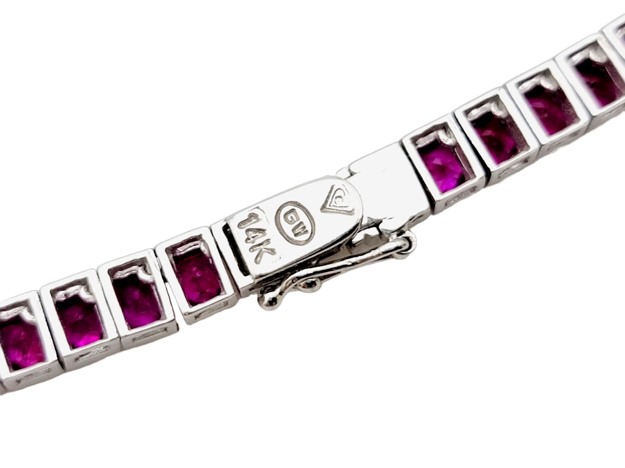 Single Strand Channel Set Square Cut Ruby Necklace in White Gold 18.25