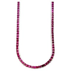 Channel Set Square Cut Ruby Single Strand Necklace in White Gold 18.25" Long