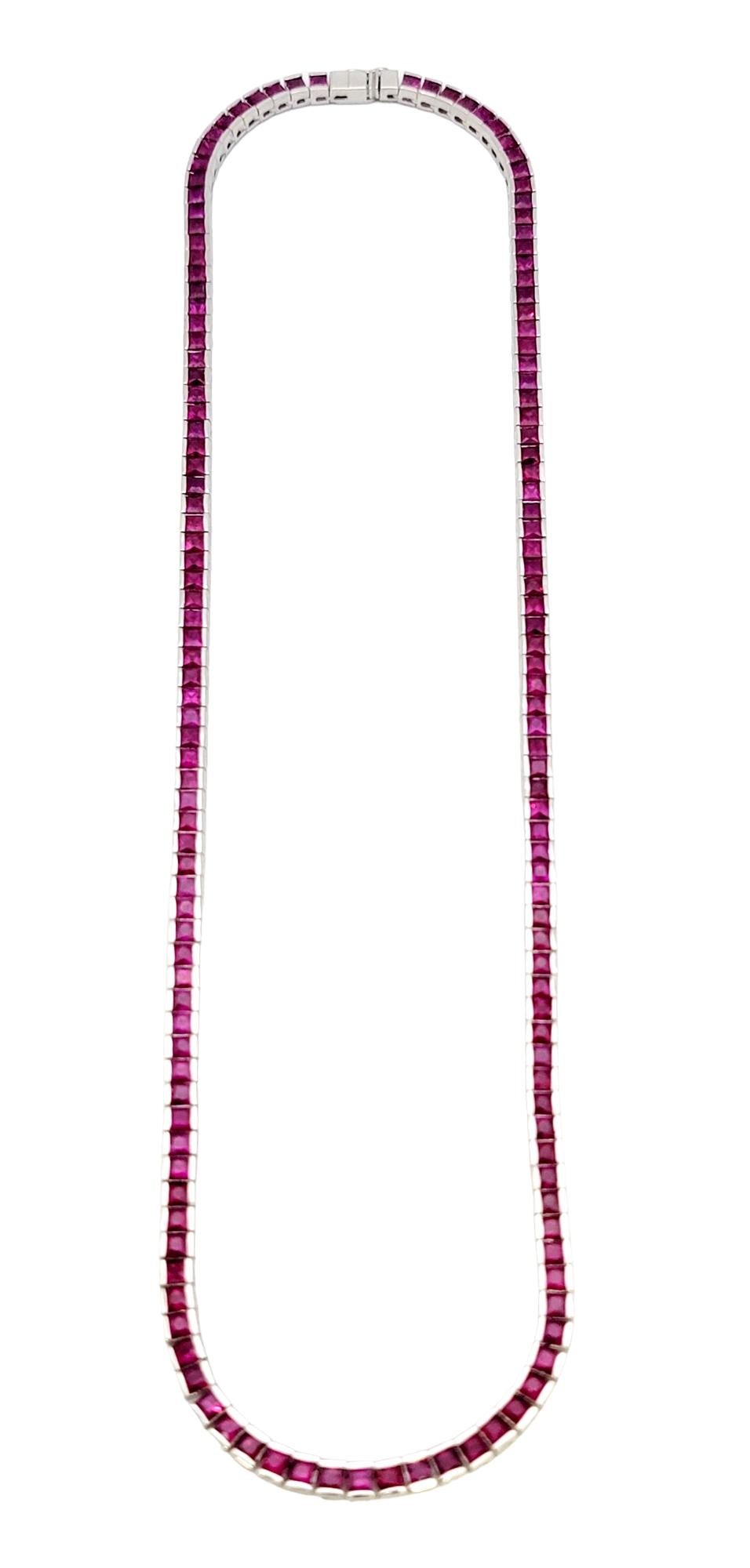 Bead Single Strand Channel Set Square Cut Ruby Necklace in White Gold 18.25