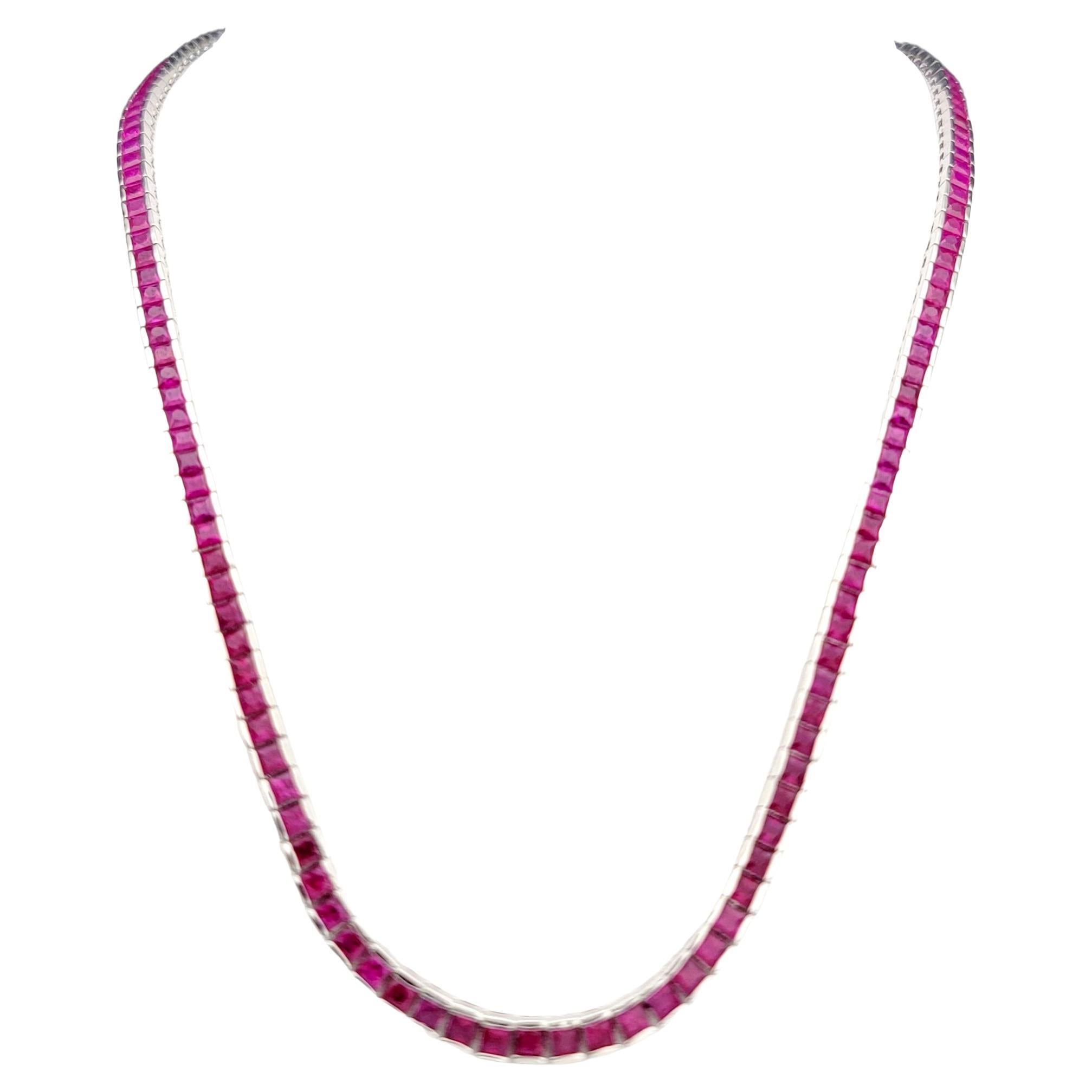 Single Strand Channel Set Square Cut Ruby Necklace in White Gold 18.25" Long For Sale