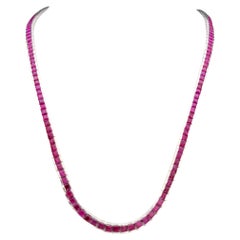 Single Strand Channel Set Square Cut Ruby Necklace in White Gold 18.25" Long
