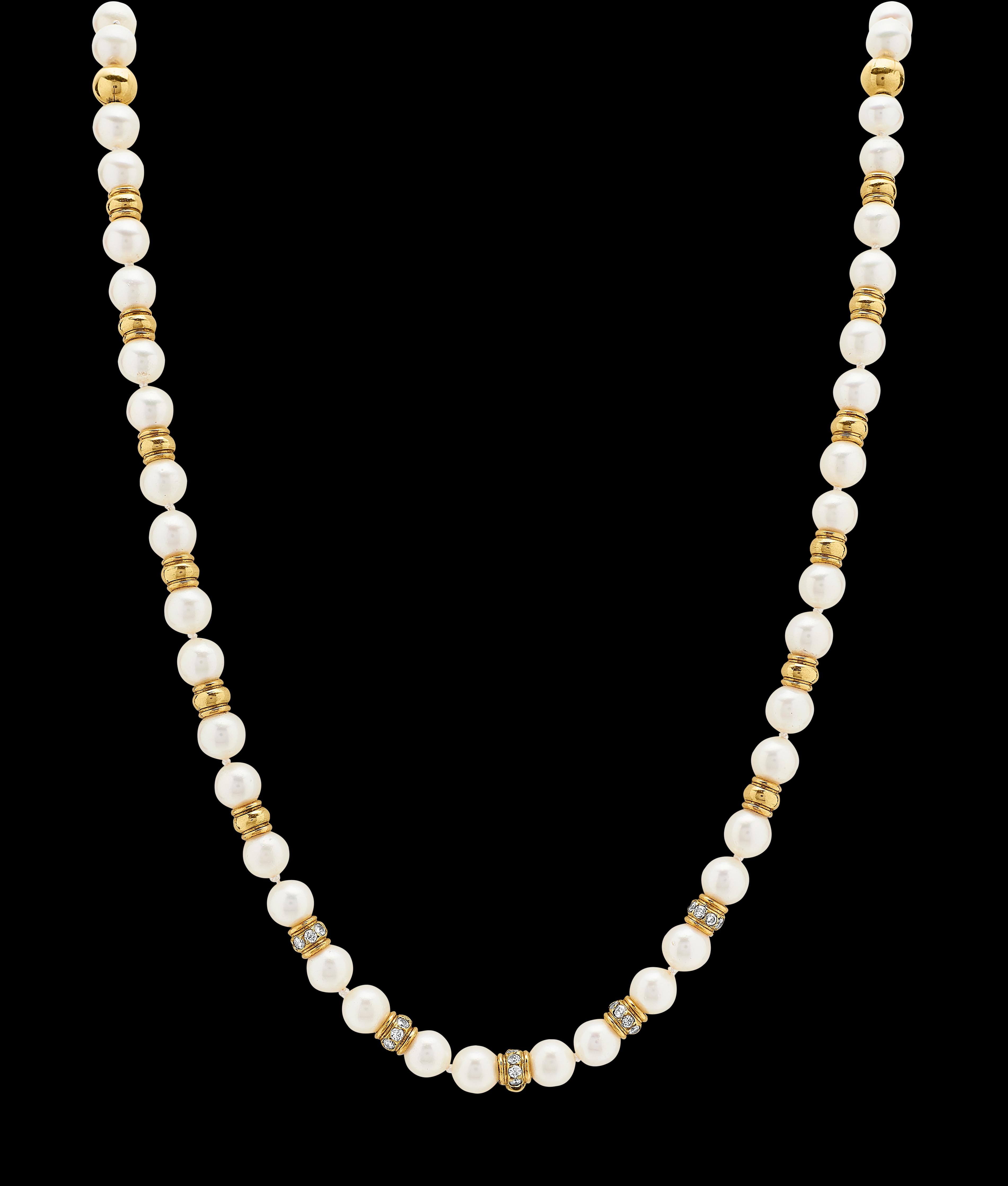 Single strand sea water cultured pearl necklace with diamond embedded beads and plain gold beads  in 18K gold. Finished with a hidden box clasp and safety chain.
Pearl Dimension: from 5.8 to 5.5 mm
38 x melee round brilliant cut diamonds approximate