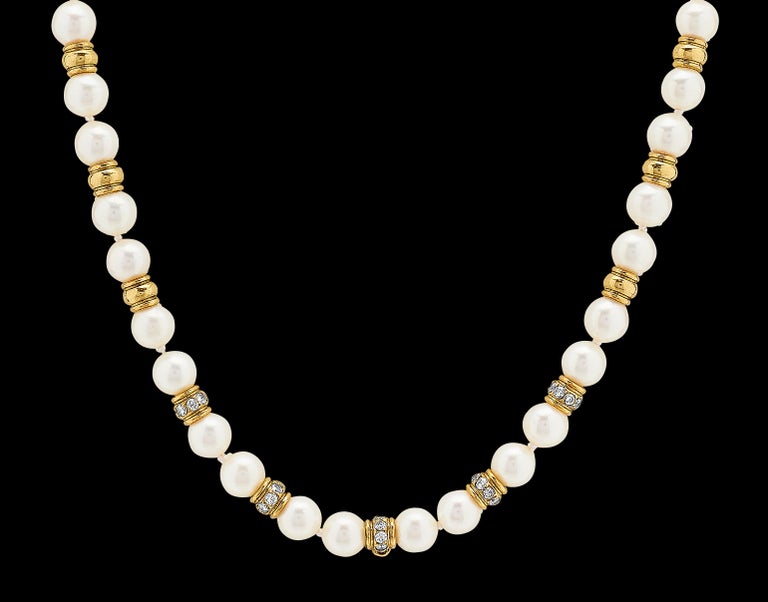 Retro Single Strand Sea Water Cultured Pearl Necklace with Diamond & 18K Gold Beads For Sale