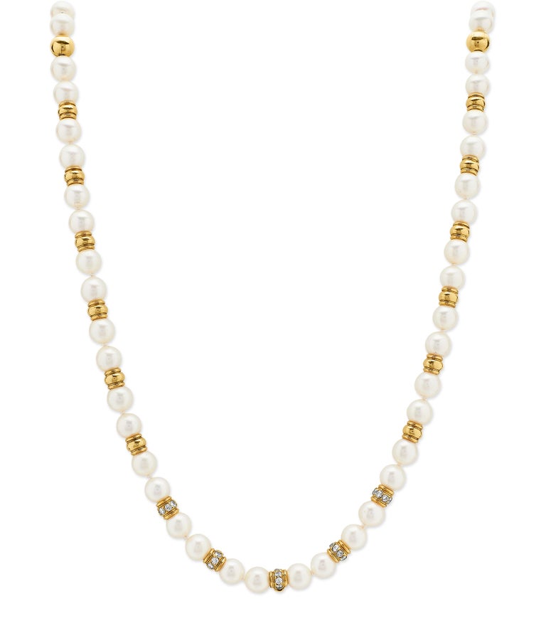 Women's Single Strand Sea Water Cultured Pearl Necklace with Diamond & 18K Gold Beads For Sale