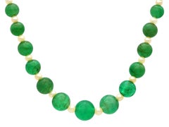 Single Strand Emerald and Pearl Necklace with Diamond Platinum Yellow Gold Clasp