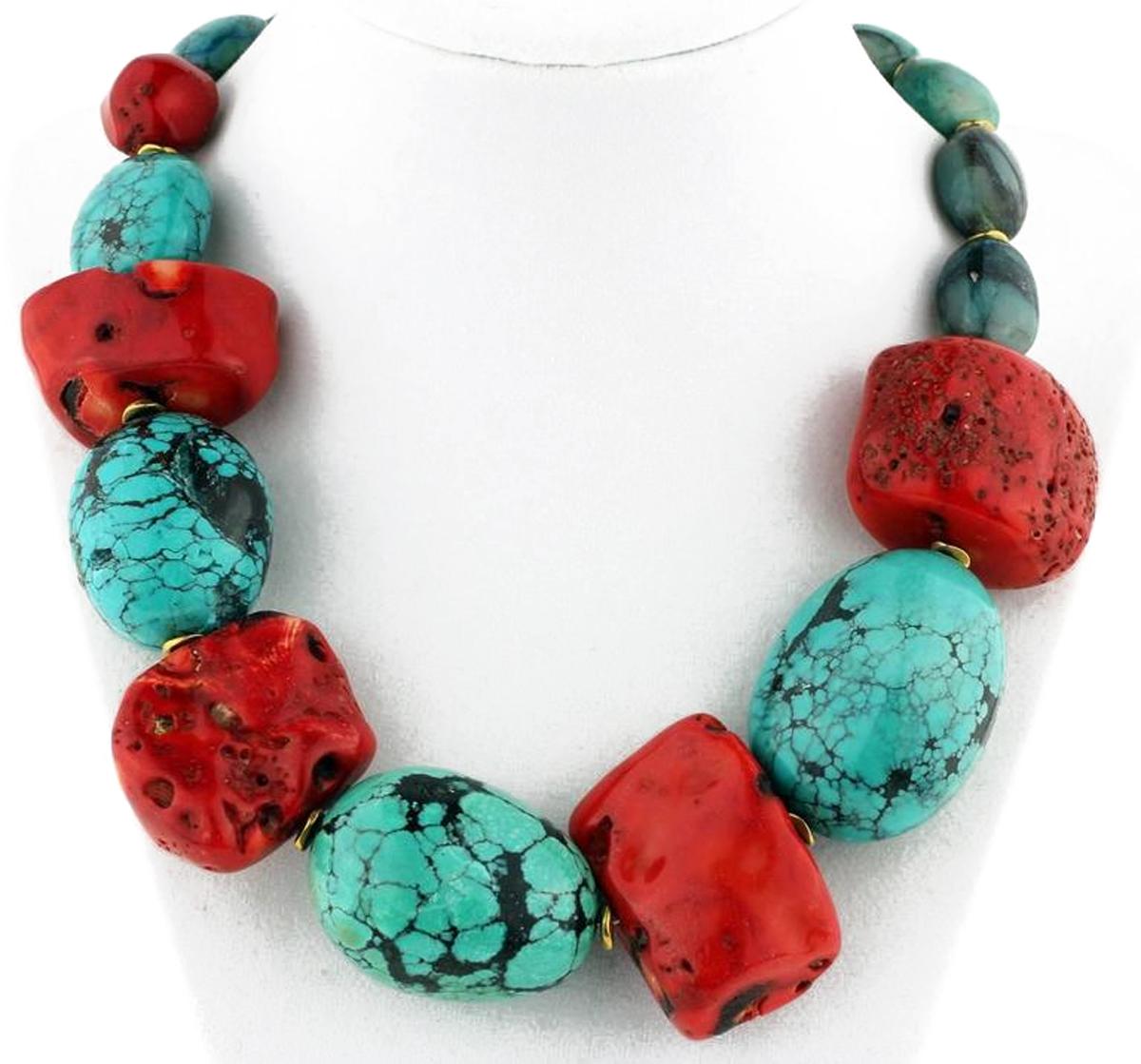 VERY LARGE PIECES OF POLISHED TURQUOISE ACCOMPANIED BY VERY LARGE PIECES OF RED CORAL create the front of this unique handmade necklace.  These pieces reach 44mm x 32mm for the Turquoise and 36mm x 33mm for the Coral.  The  19 inch necklace is