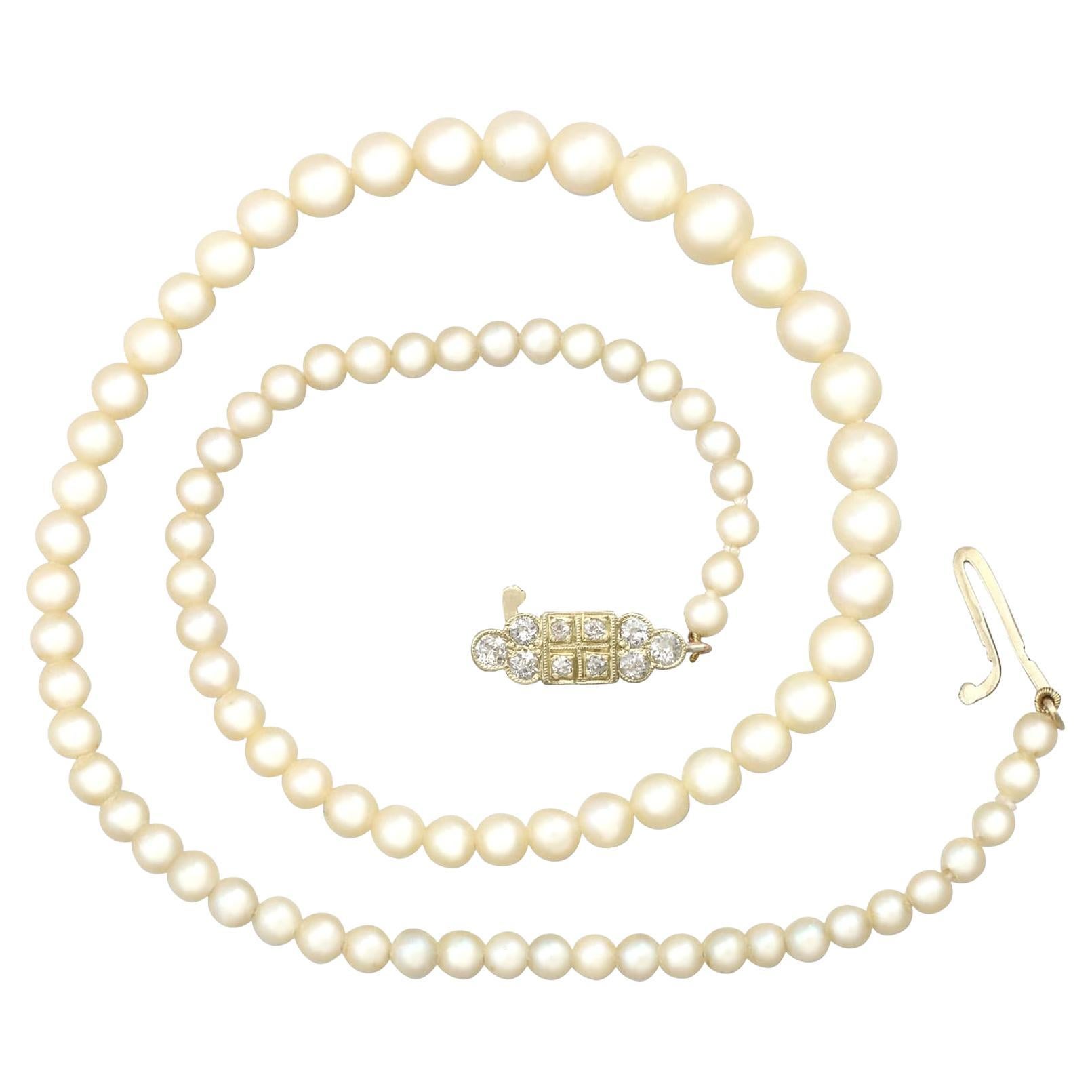 Single Strand Pearl Necklace Diamond Gold Clasp For Sale