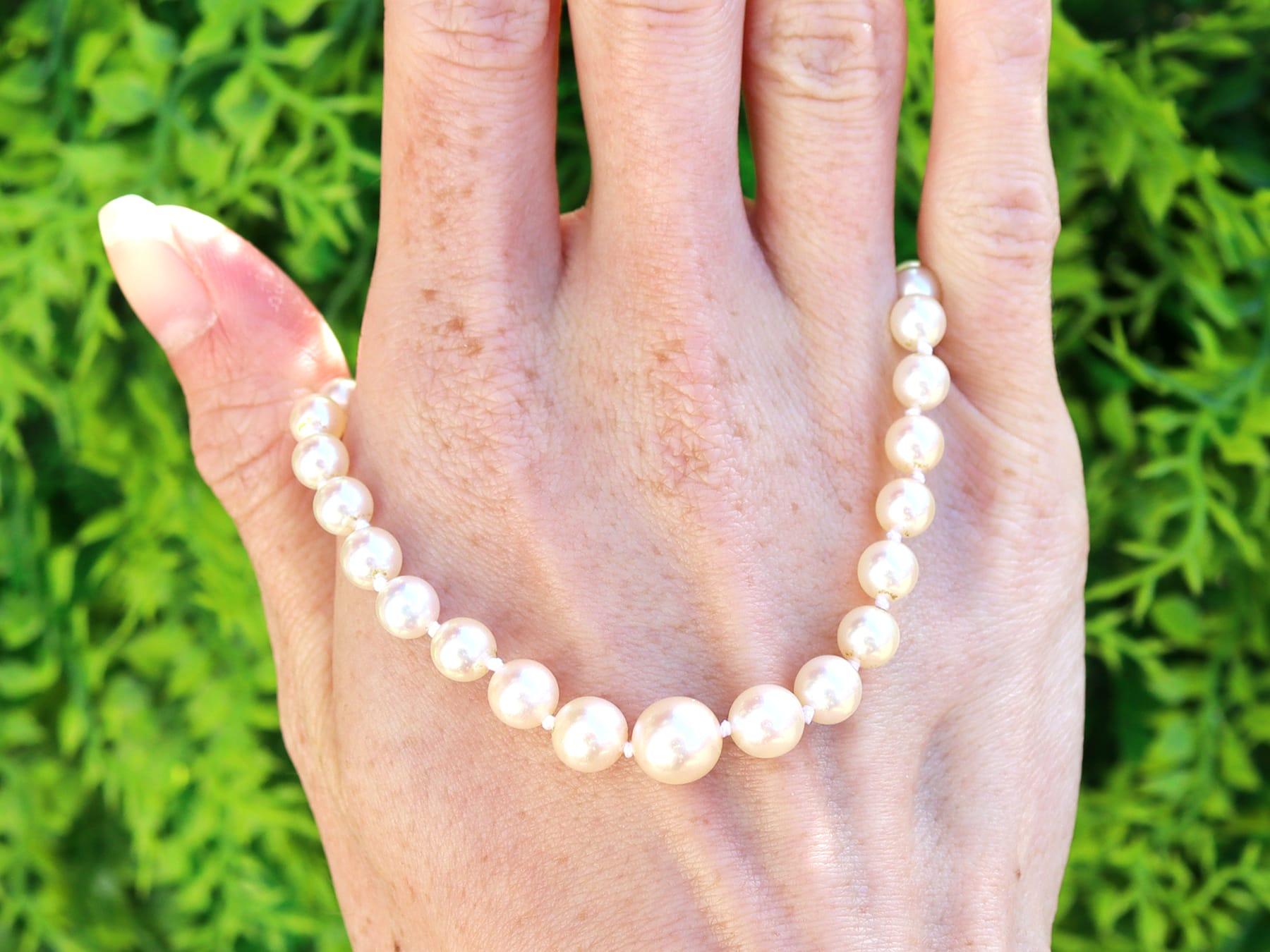 Old European Cut Single Strand Pearl Necklace with Sapphire Diamond and White Gold Clasp For Sale