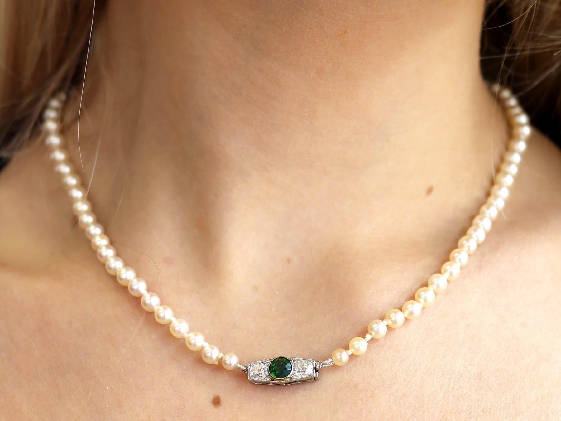 Women's or Men's Single Strand Pearl Necklace with Sapphire Diamond and White Gold Clasp For Sale