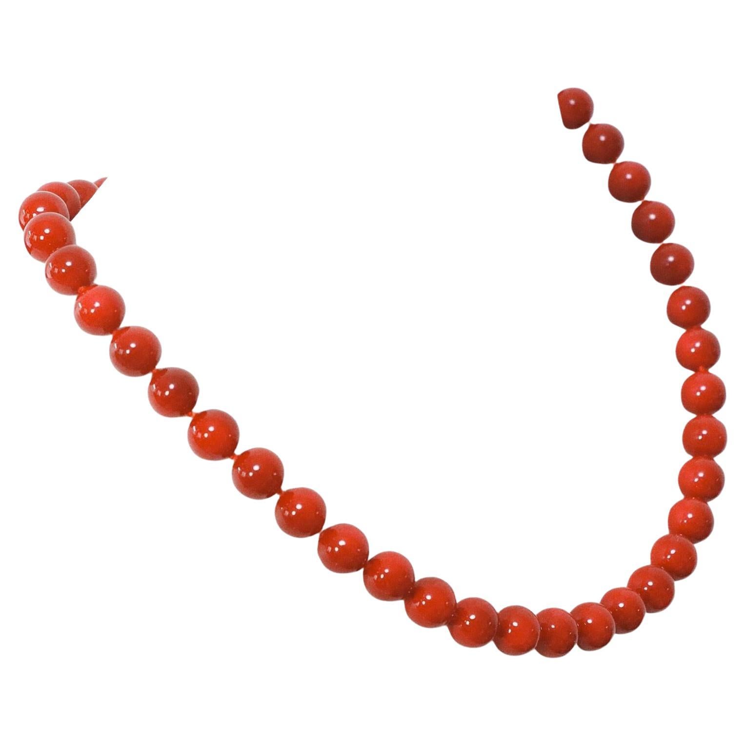Single Strand Red Coral Bead 20 Inch Strand Gold Necklace For Sale