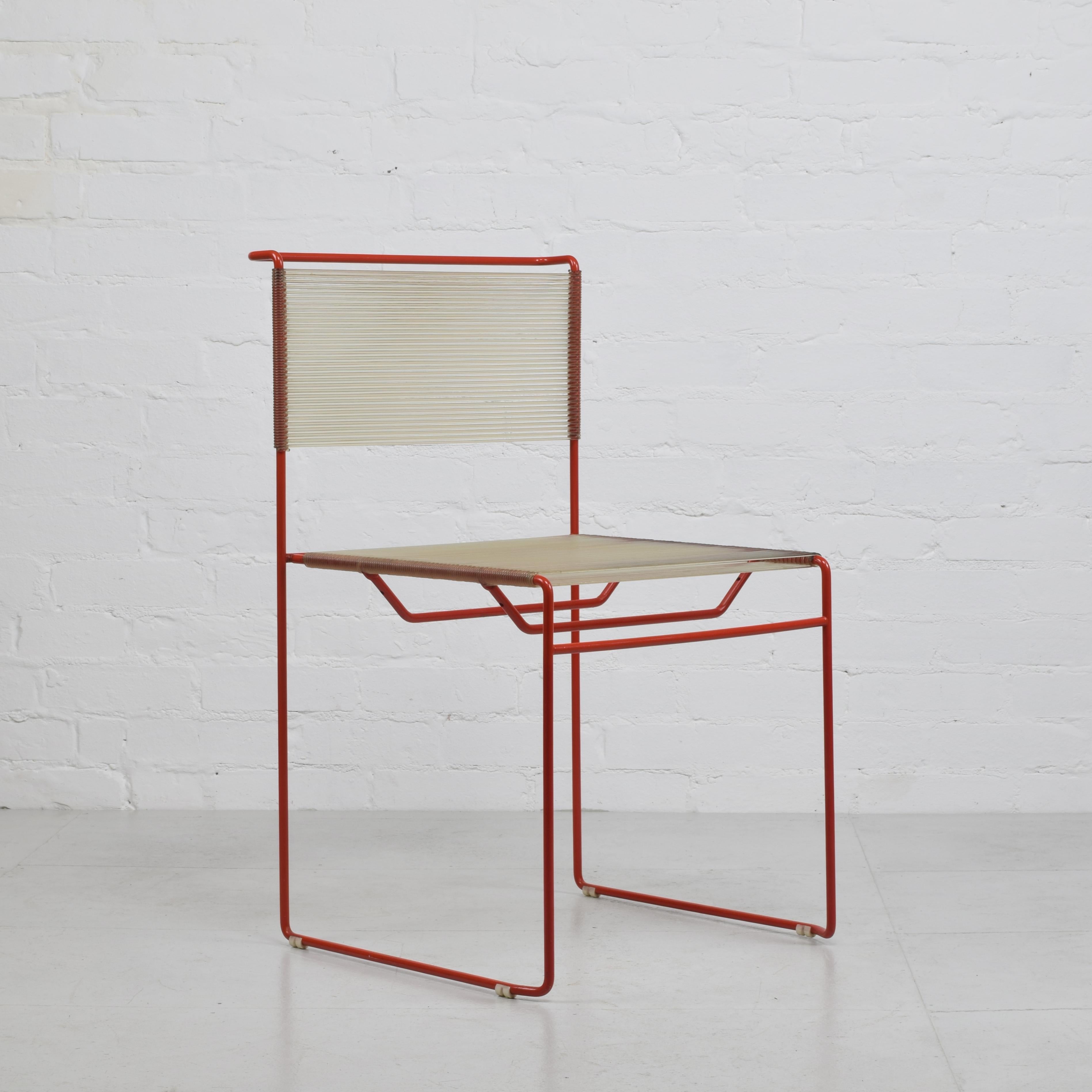 Giandomenico Belotti for CMP Padova, Italy c. 1970
‘Fly Line’ dining or side chair

Red metal frame with transparent tinted plastic cord seat and back. Original plastic floor glides. Manufacturer’s label to frame.

(please note: we also have