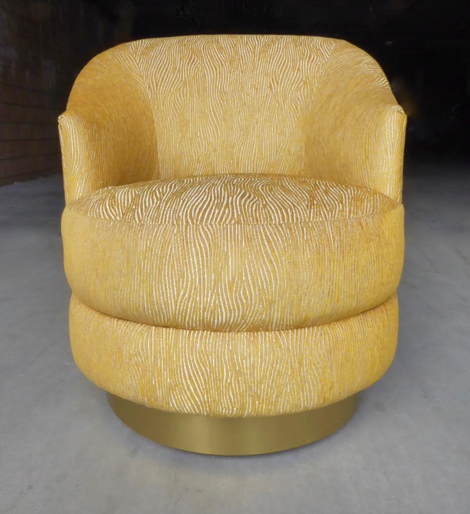 A single swiveling club chair made by A. Rudin in the late 1980s. The form of the chair references an armchair designed and made by Karl Springer. Prior to a recent reupholstering, the chair retained the A. Rudin label. The chair is set on casters