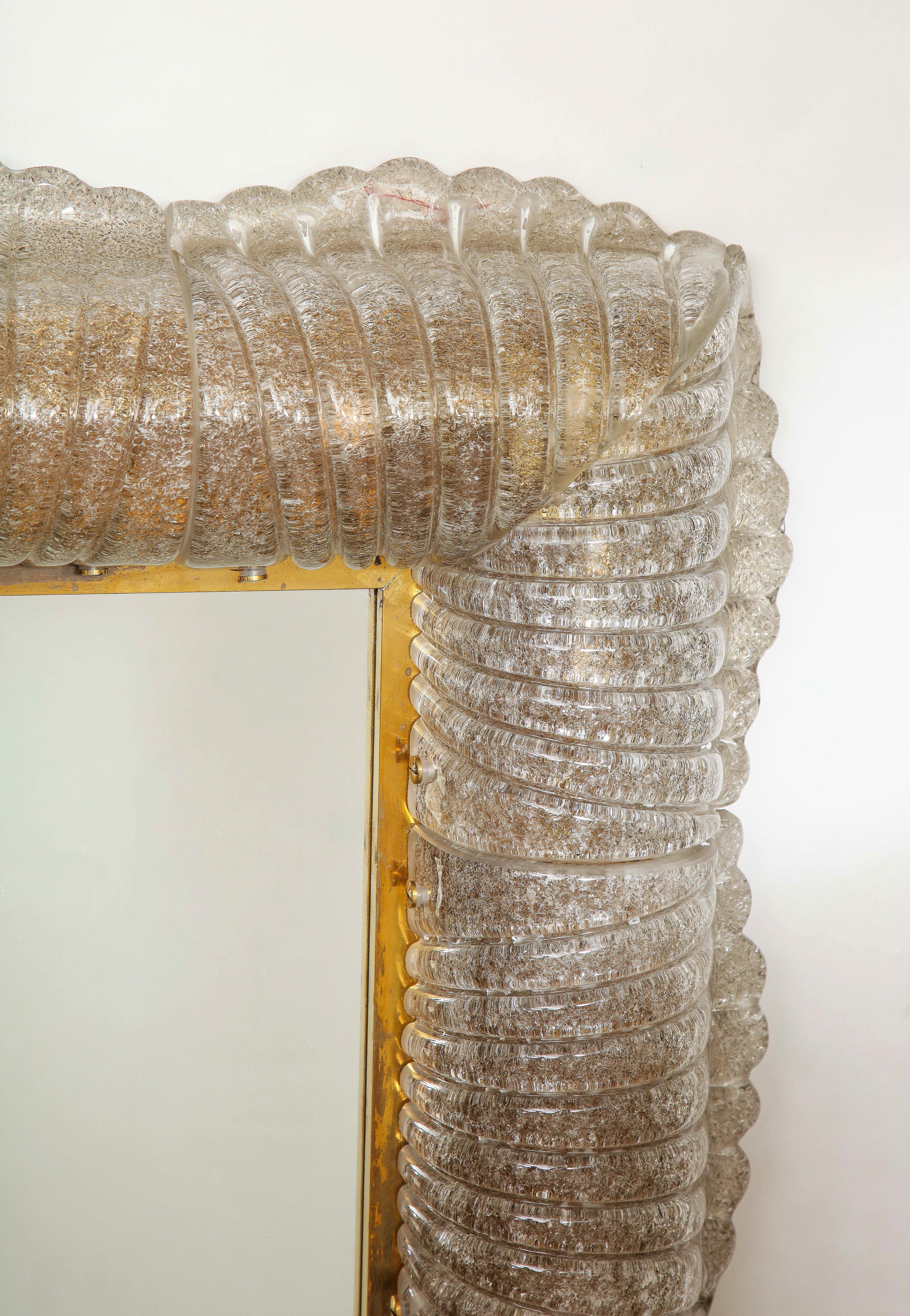 Italian Single Textured Light Smoke Taupe Murano Glass and Brass Mirror, Lighted, Italy