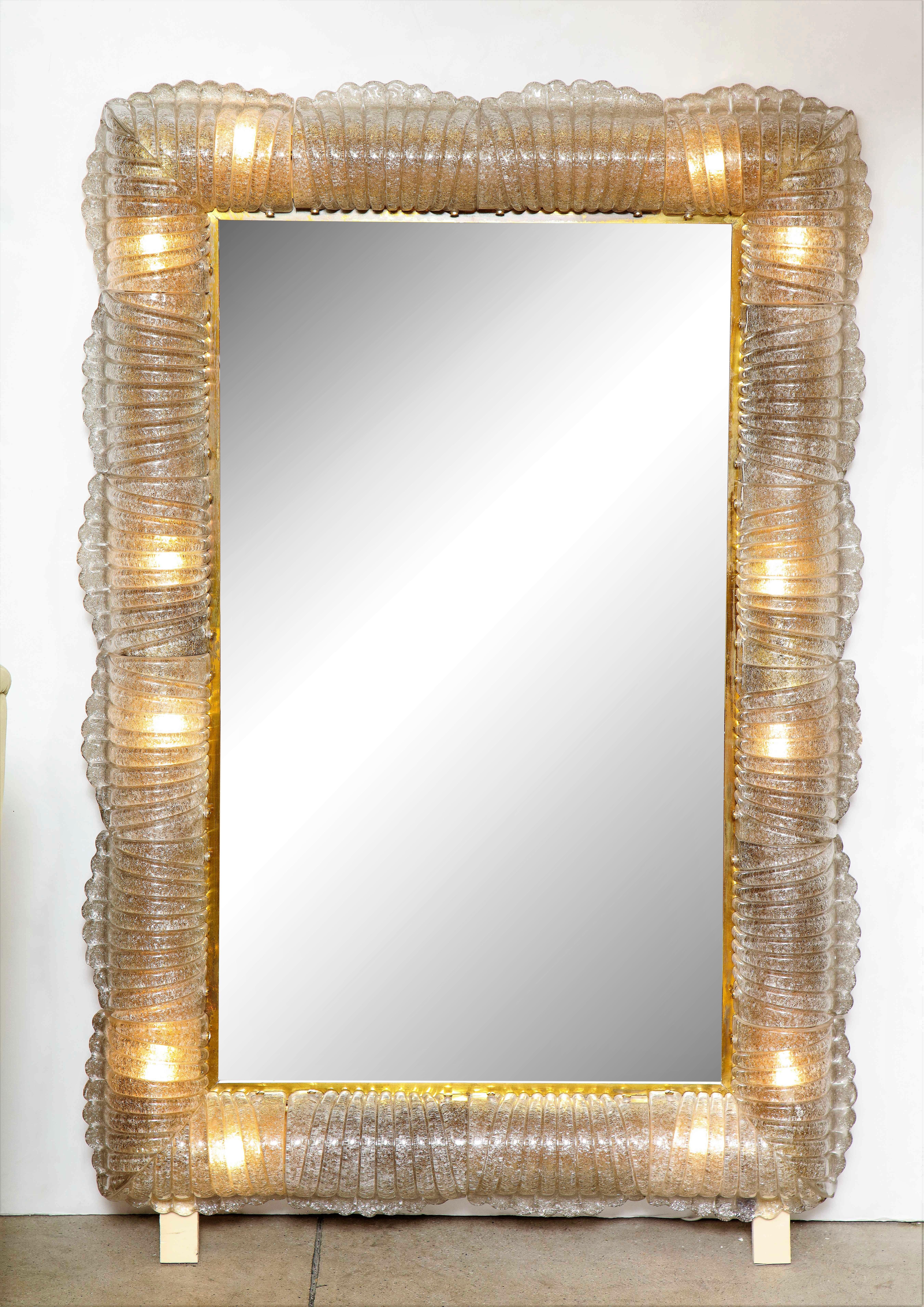 Single Textured Light Smoke Taupe Murano Glass and Brass Mirror, Lighted, Italy 1