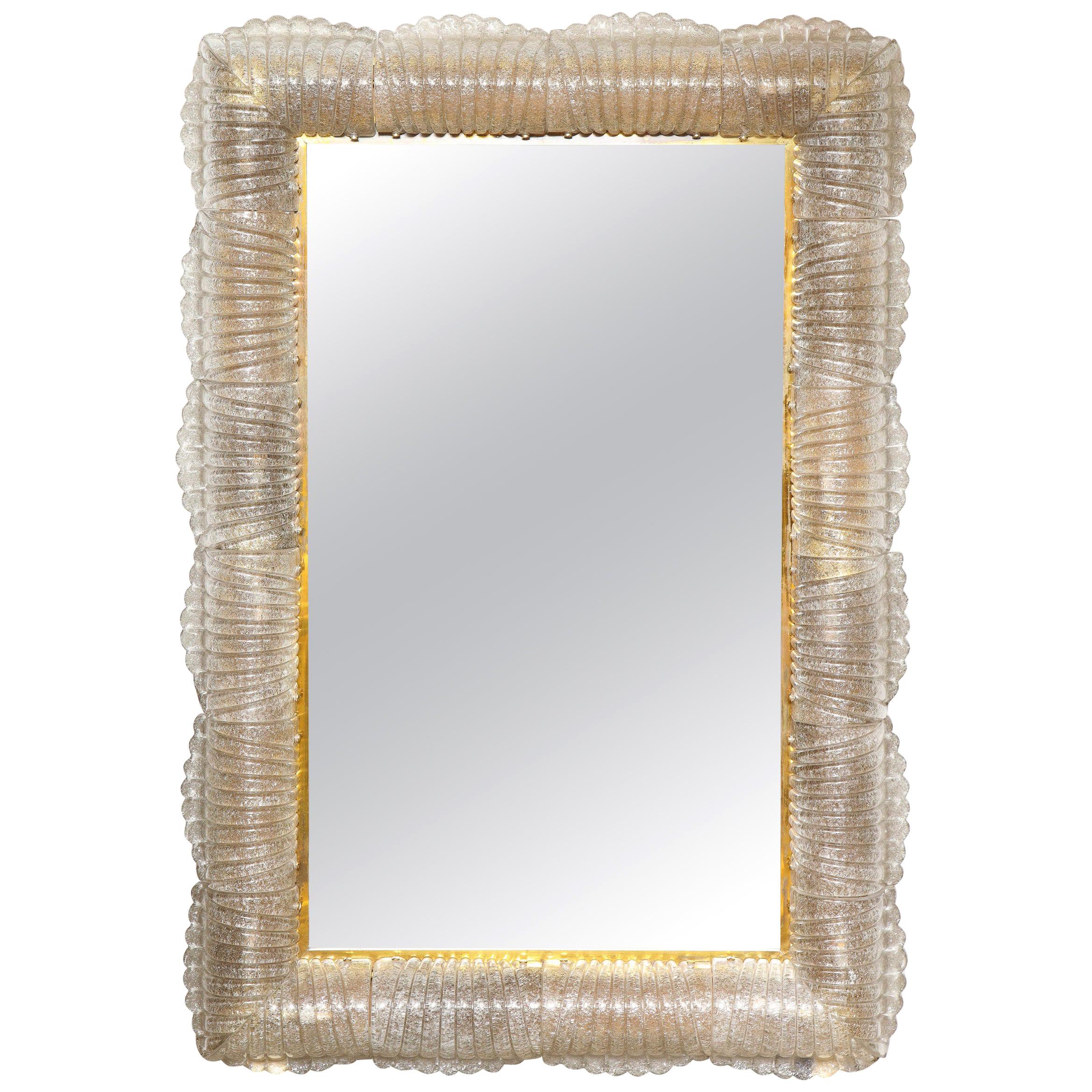 Single Textured Light Smoke Taupe Murano Glass and Brass Mirror, Lighted, Italy