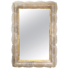 Single Textured Light Smoke Taupe Murano Glass and Brass Mirror, Lighted, Italy