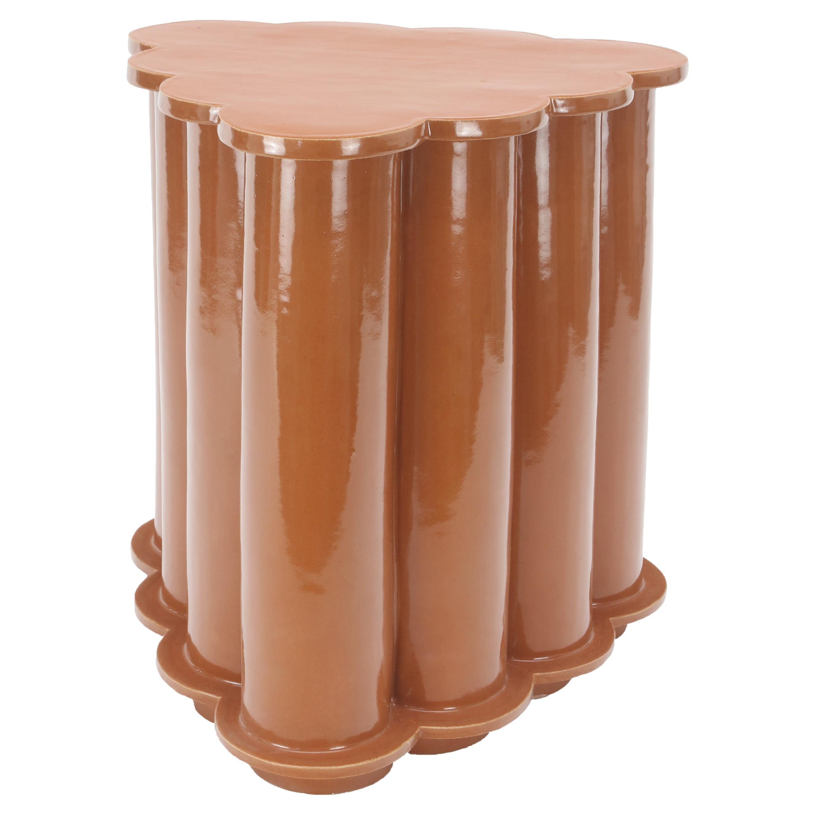 Single Tier Ruffle Ceramic Side Table & Stool in Cinnamon by Bzippy For Sale